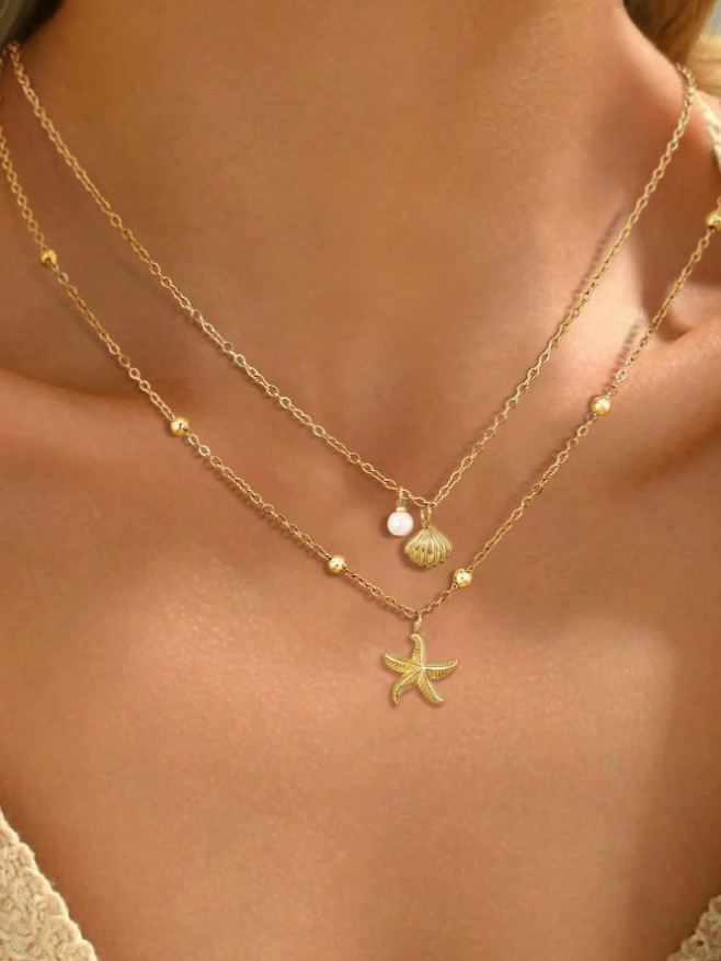 Shell Necklace For Women Layered Starfish Seashell Faux Pearl Pendant Charms USA