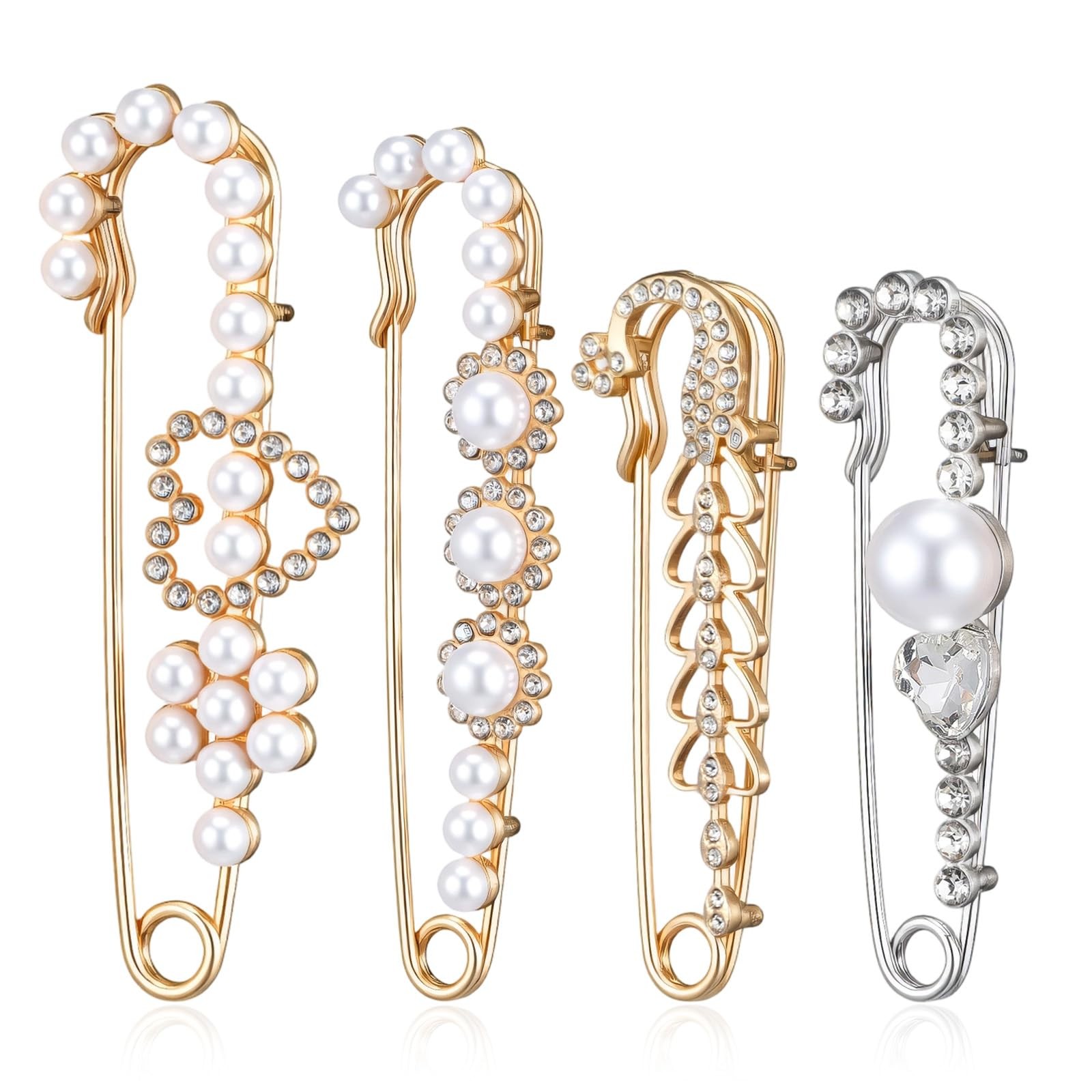 4 PCS Safety Pin Brooch, Faux Crystal Pearl Sweater Pin, Decorative Safety Pi…