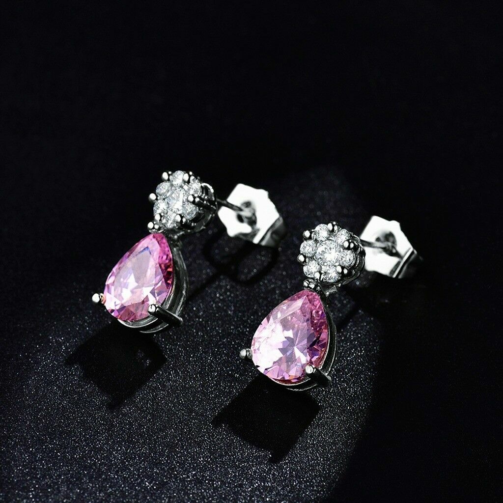 New White Gold Filled Pink & White Round & Teardrop CZ Post Stud Dangle Earrings