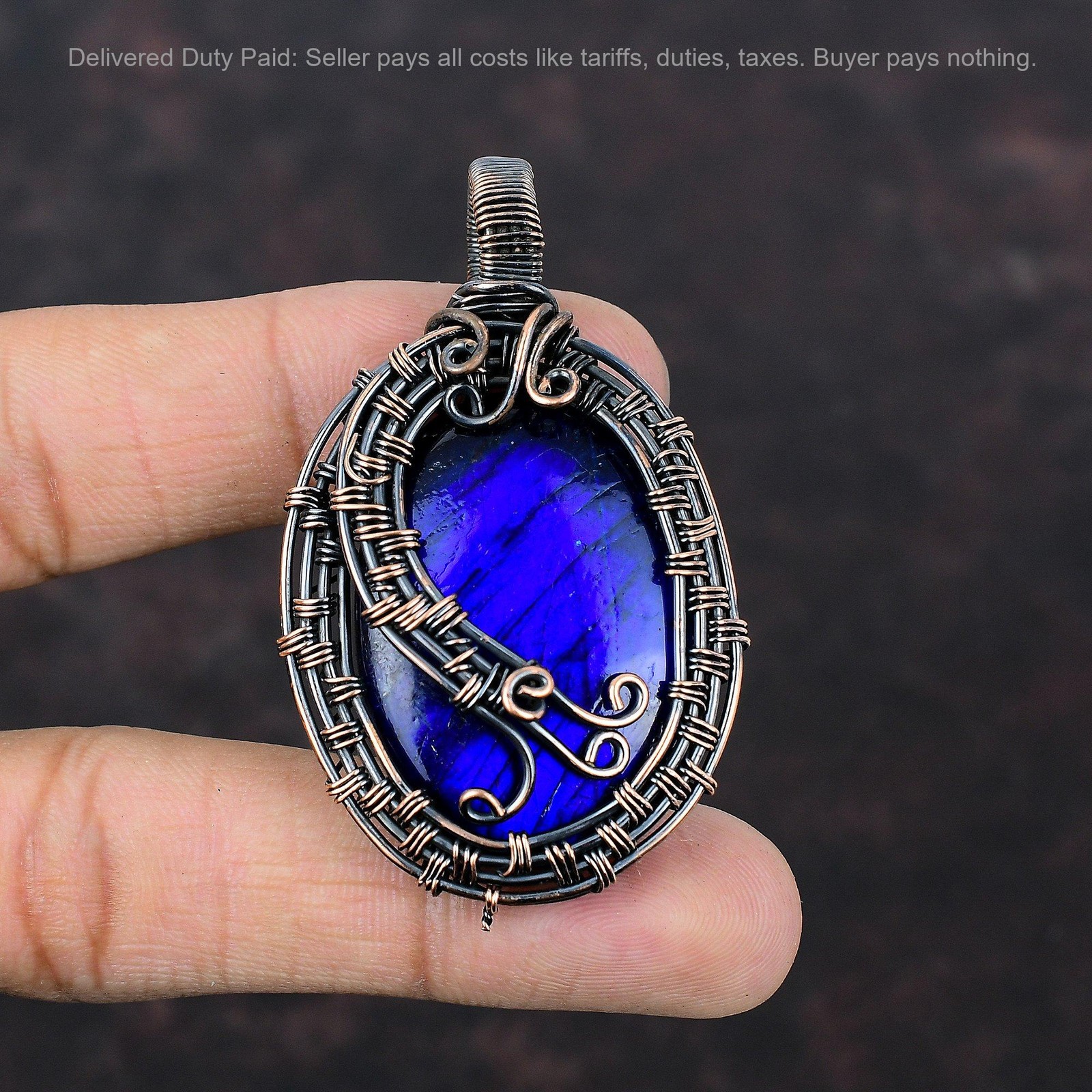 Copper Oval Natural Blue Fire Labradorite Mother Wire Wrapped Pendant Jewelry