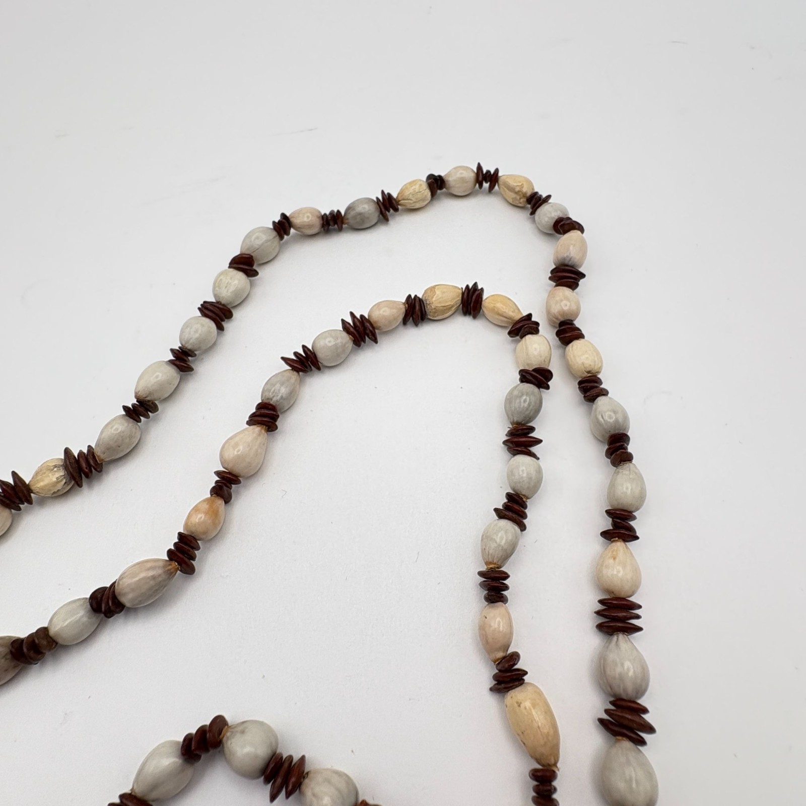 Natural Seed Bead Strand Necklace Brown Cream Long Layering Boho Tribal