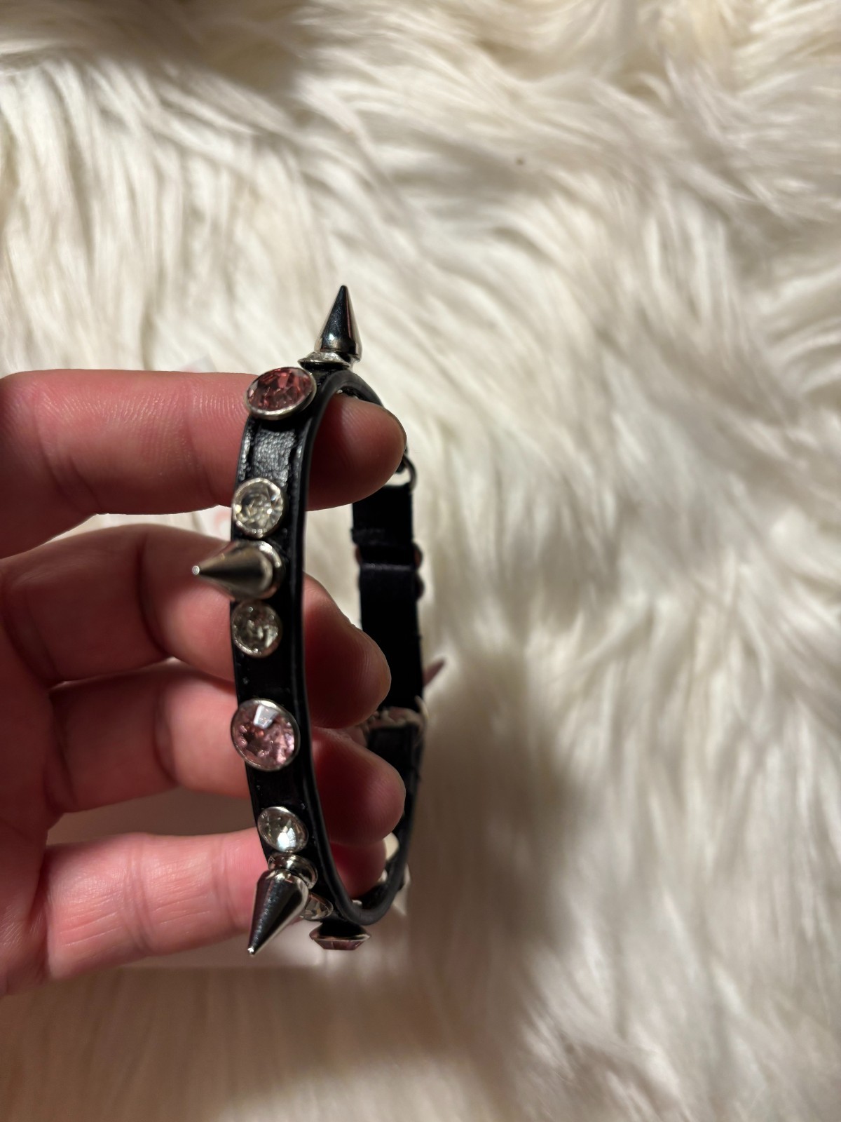 No Dress Diamante Rhinestone Spiked Collar Black Leather Dog Cat Chocker size F