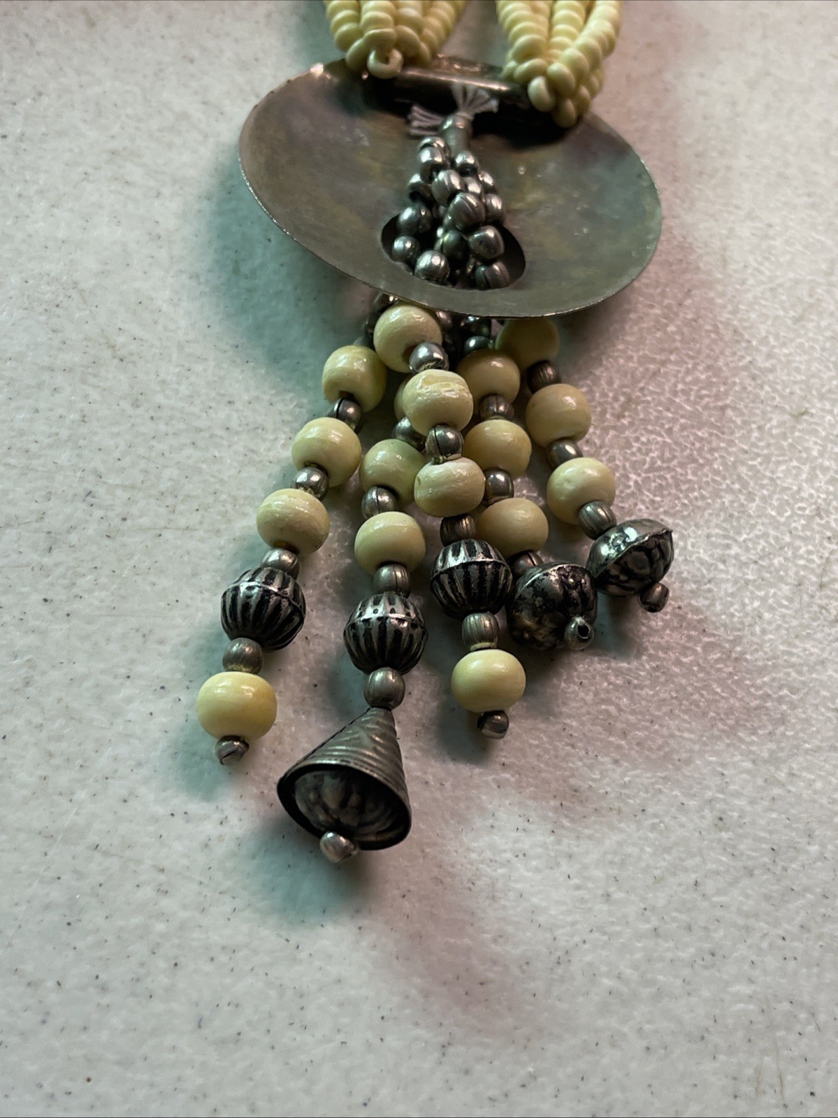 Multi Strand Cream/Silver Bead 19.5” Necklace Round Disk Native American Looking