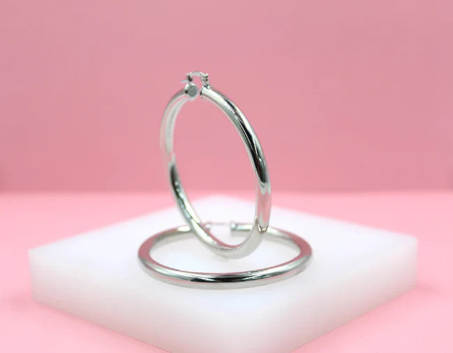 18K Rhodium Filled 5mm Latch Back Wide Hoop Earrings (J11-13)