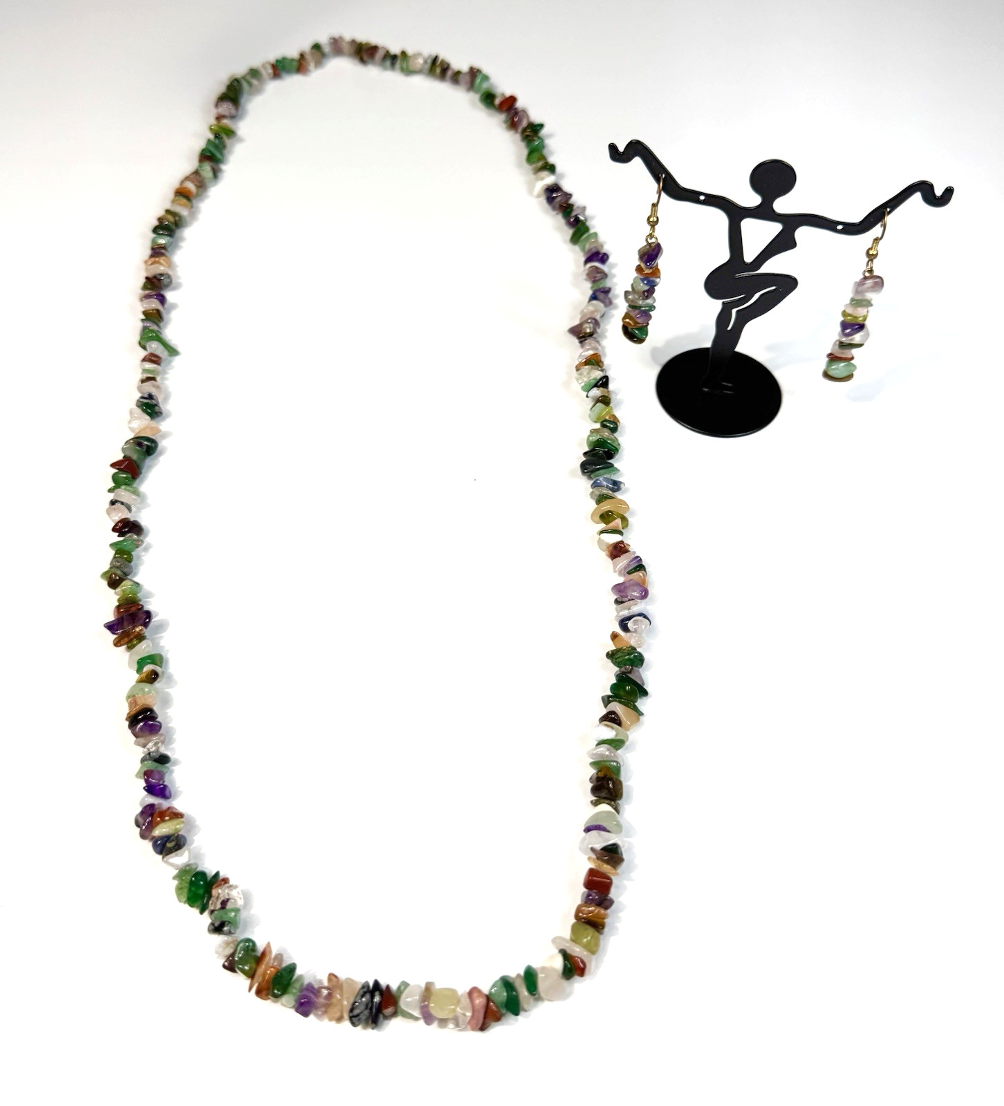 Chip Bead Necklace and Dangle Earrings Set Multi Color Glossy Boho Long Layering