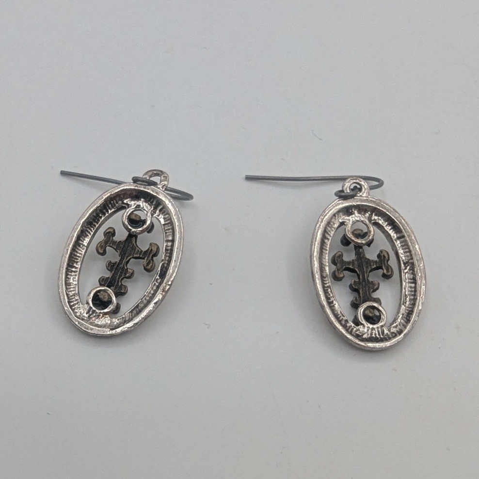 Vintage Silver Tone Filigree Cross Oval Drop Earrings Gothic Religious Dangle
