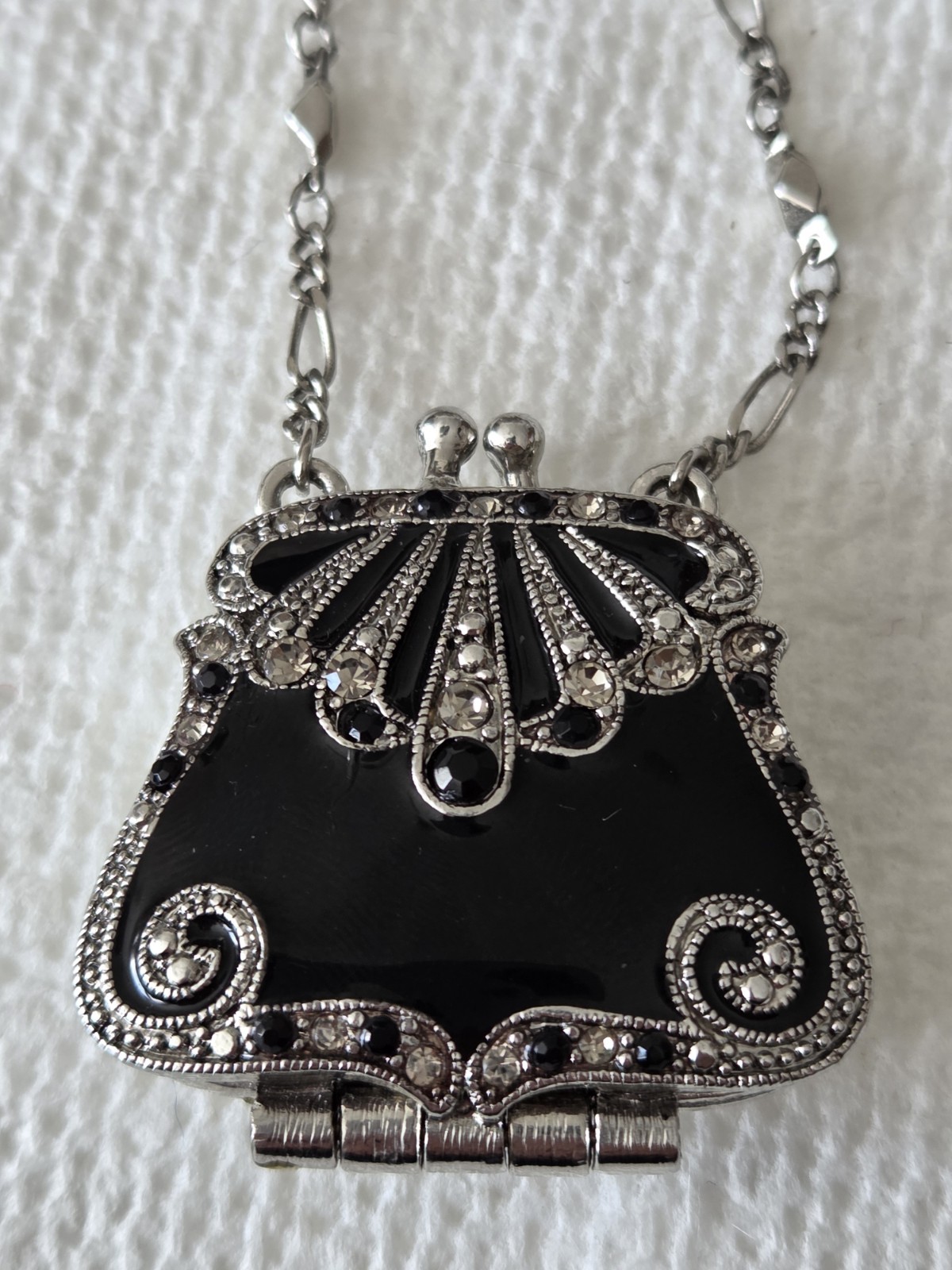VICTORIAN Style Black Enamel Crystals Purse Locket Pendant 22″ Chain Necklace