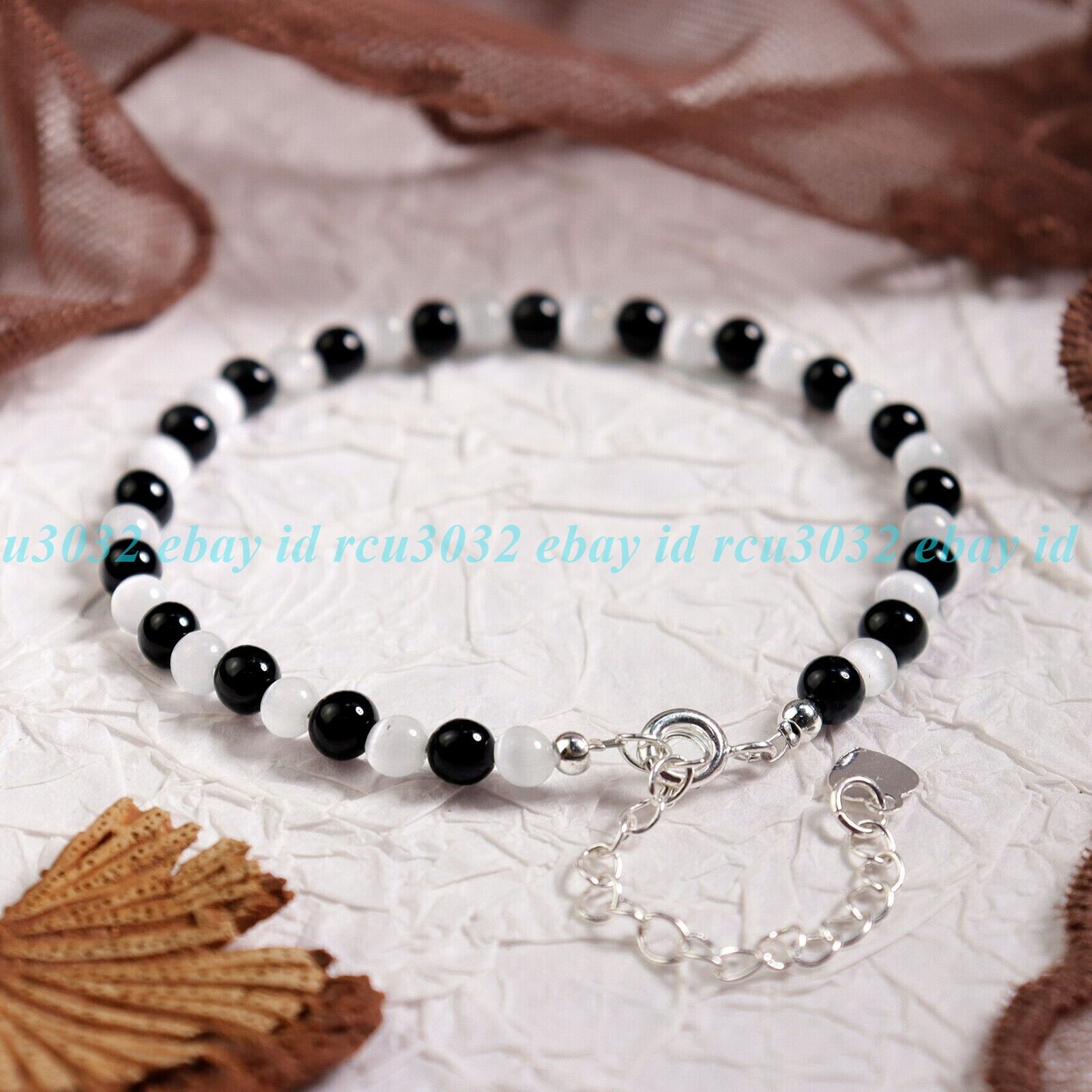 Natural 4mm Selenite Black Tourmaline Beads Crystal Healing Energy Bracelet 7.5″