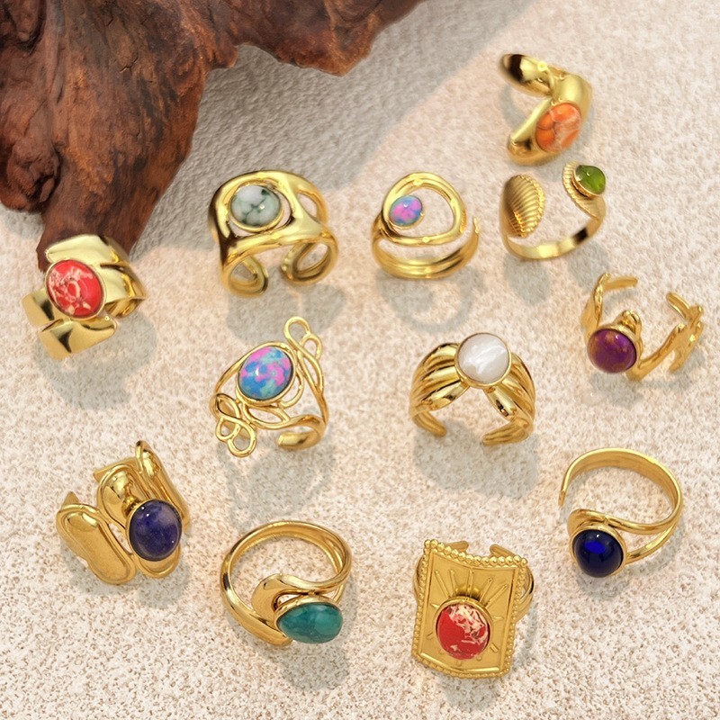 20pcs Mix Vintage Natural Stone Chunk Rings 18K Gold Open Women Gift Jewelry Lot