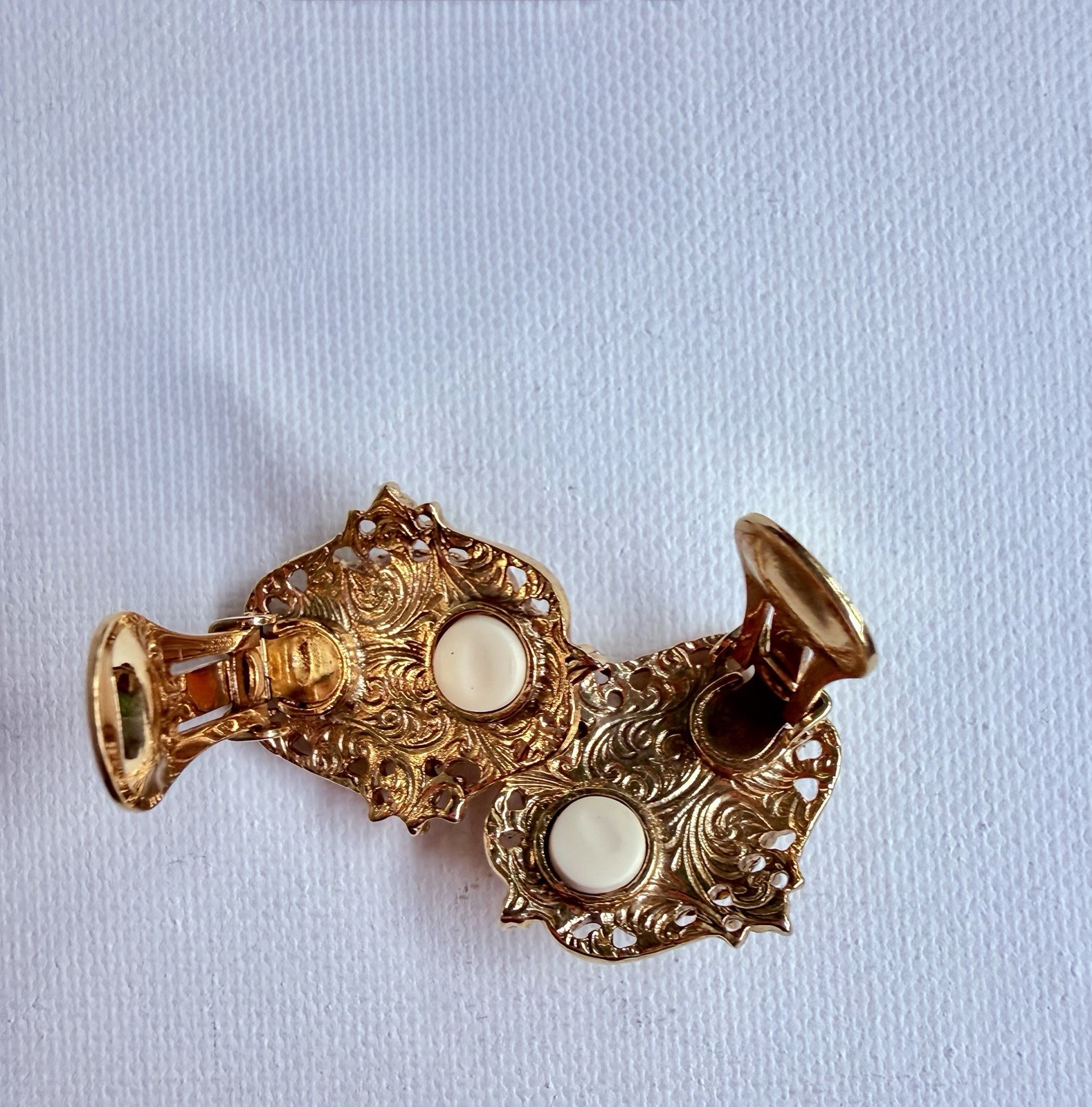 Vintage Victorian Revival Mother of Pearl Pink Rhinestone Gold Tone Clip-ons