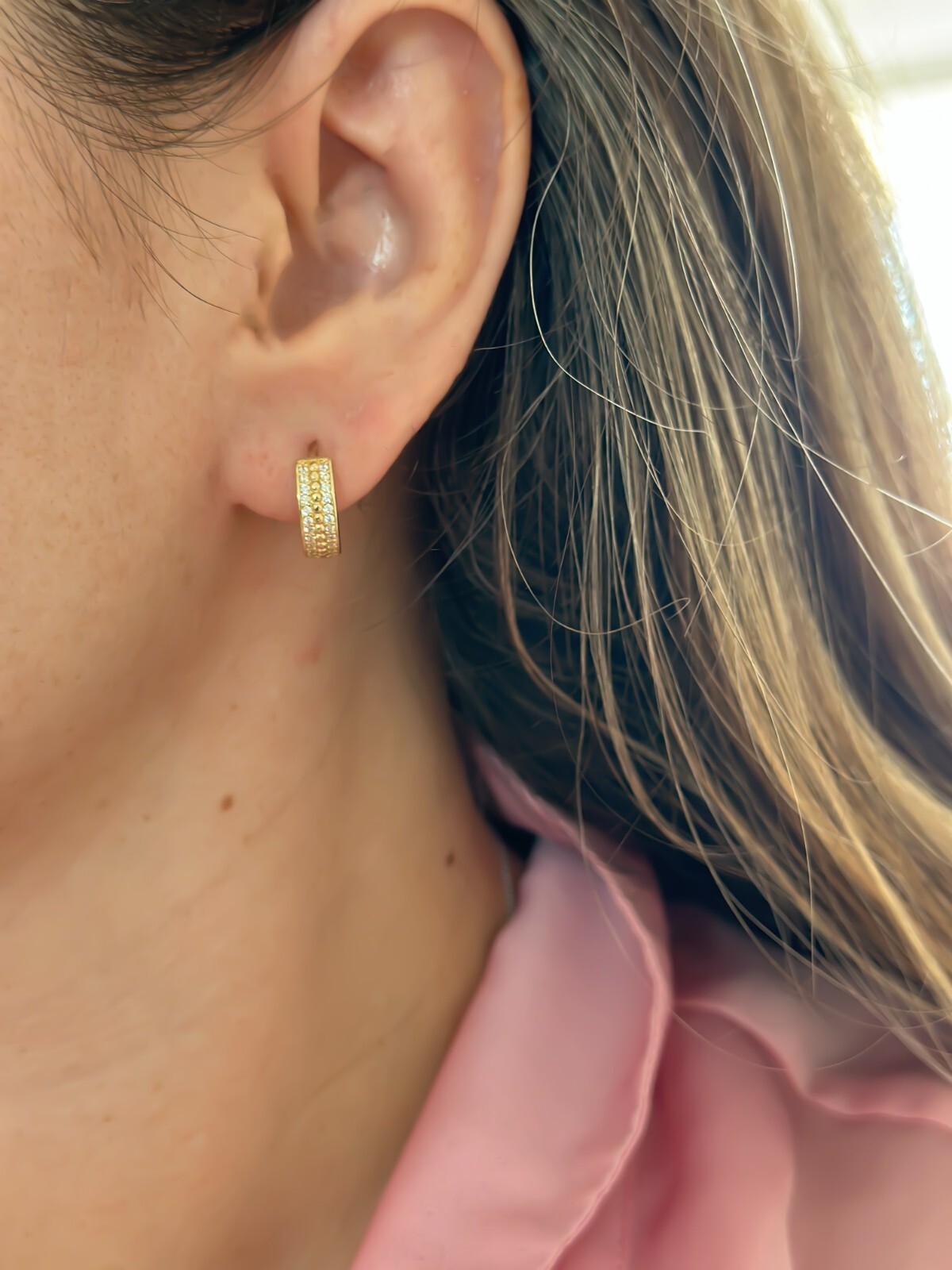 14K SOLID Gold Earrings Cubic Zirconia Huggies, 585 Yellow Gold for Her