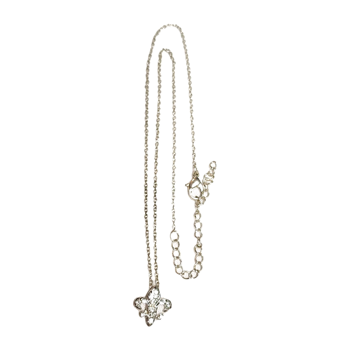 Dainty White Rhinestones & Silver Tone Fleur De Lis Pandant Charm Necklace 18″