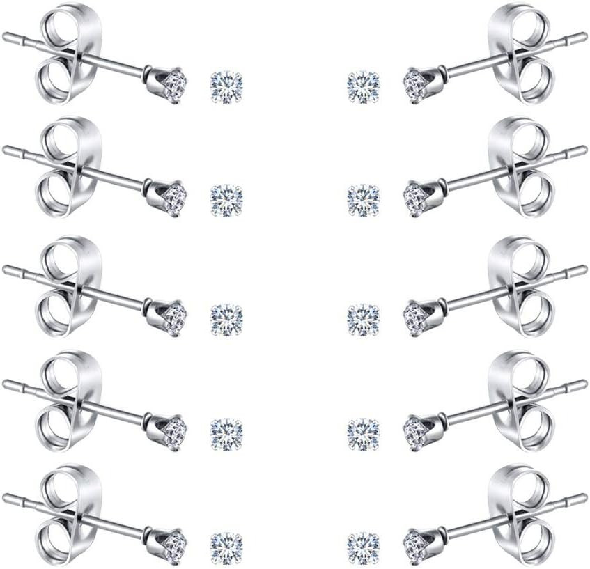 10 Pairs Tiny Womens Surgical Stainless Steel Clear Cubic Zirconia Stud Earrings