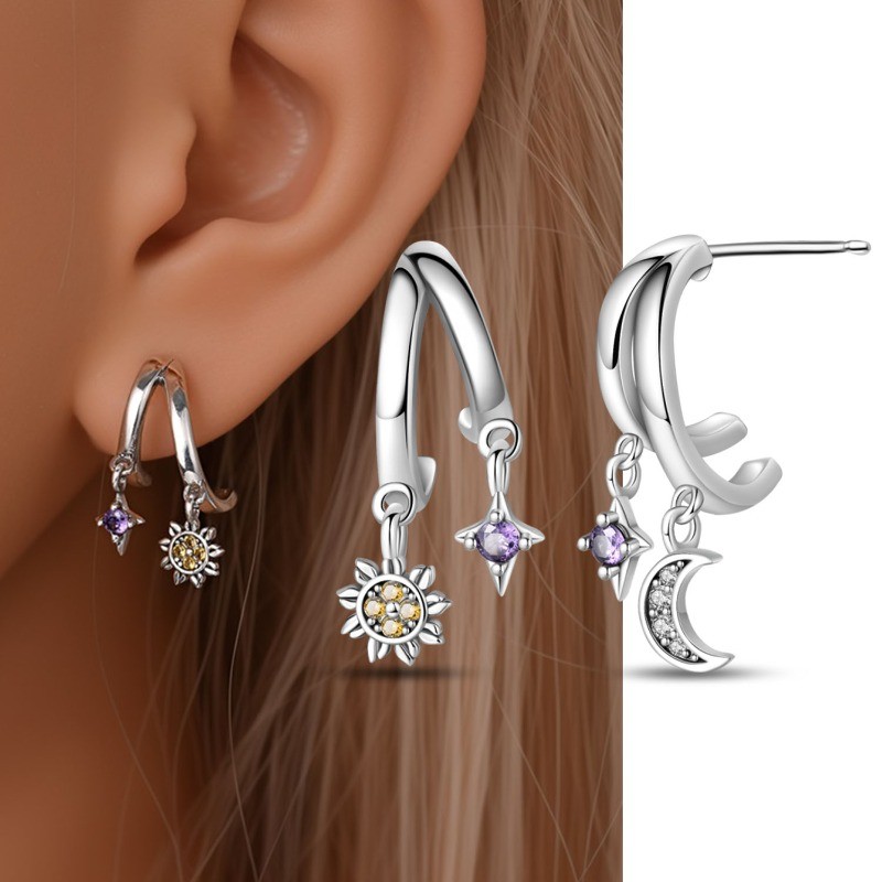 PANDACH Women 925 Sterling Silver Moon Sun Stud Earrings Cubic Zirconia CZ Gifts