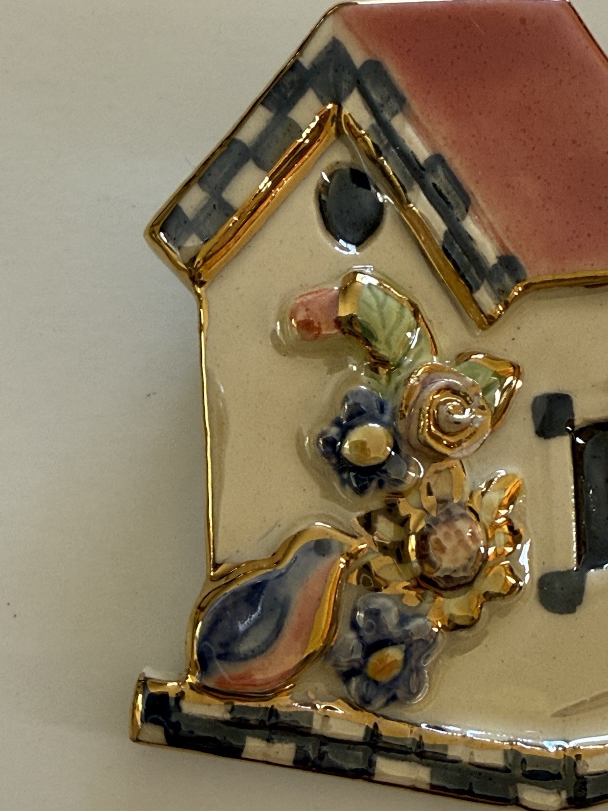 Ceramic Enamel Bird House Brooch Pin Gold Embellished 3-D Effects 2.5” X 2”