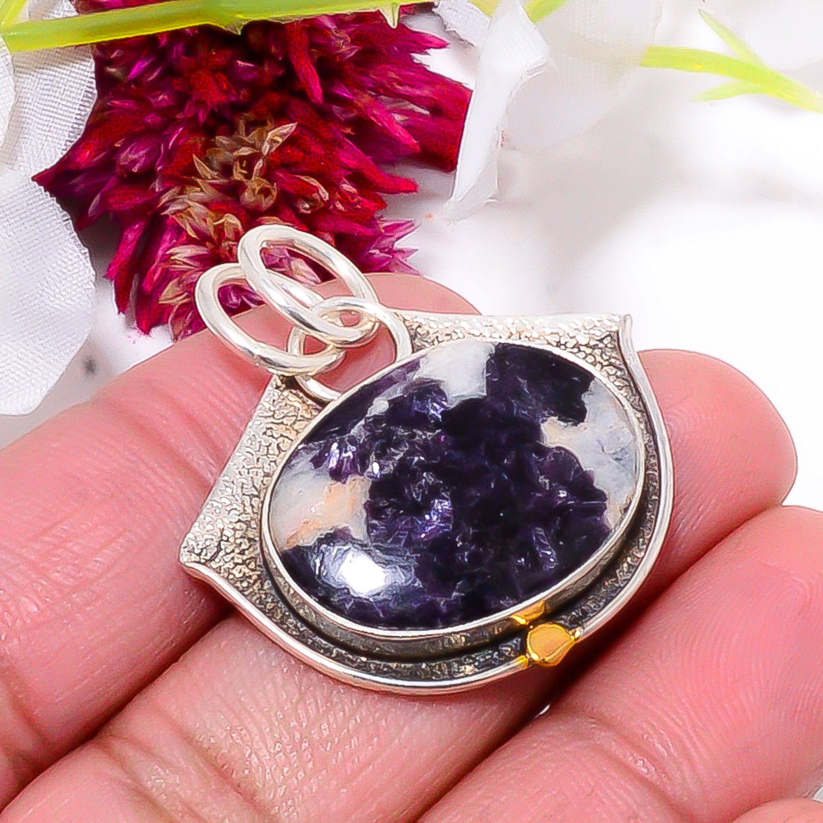 Lepidolite – San Diego 925 Sterling Silver Two Tone Designer Pendant 1.37″ Sku56