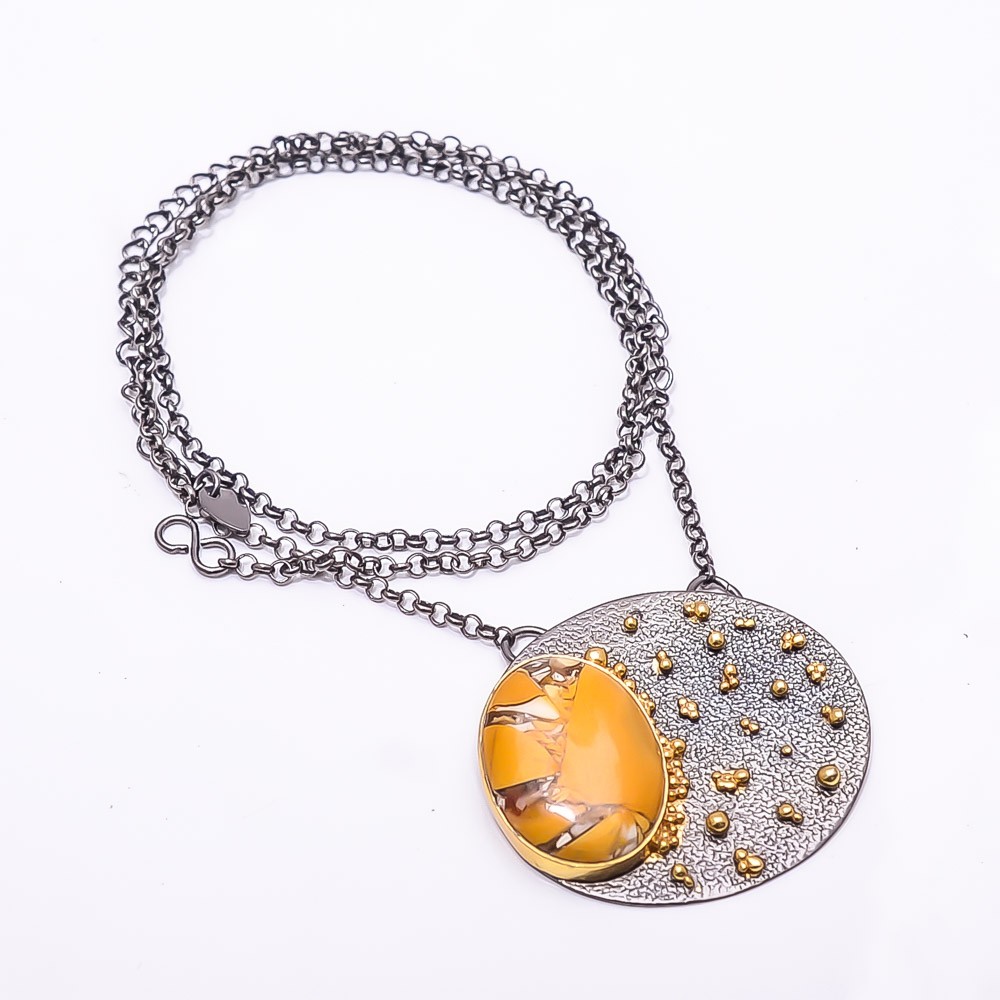 Brecciated Mookaite -Australia Black & Gold Rhodium 925 Silver Necklace 19.99″ N