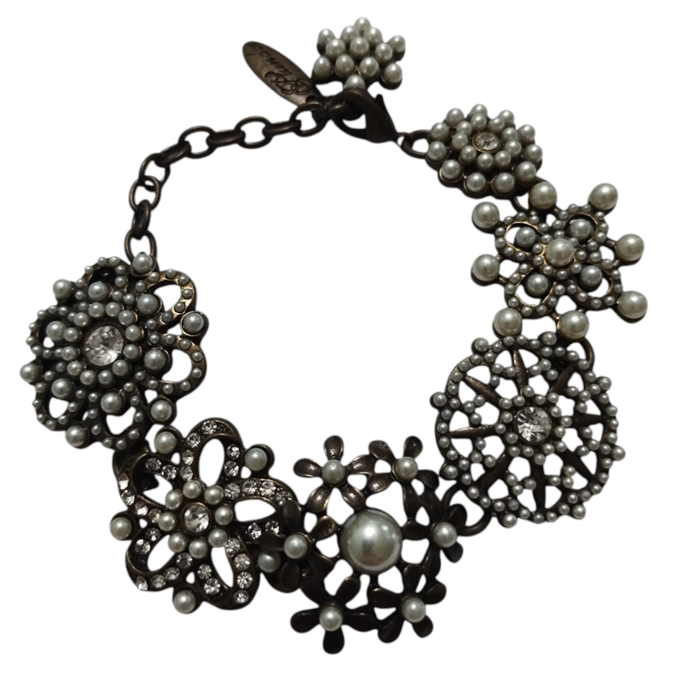Plunder Design Signed Clear Rhinestone and Faux Pearl Bracelet with Extender