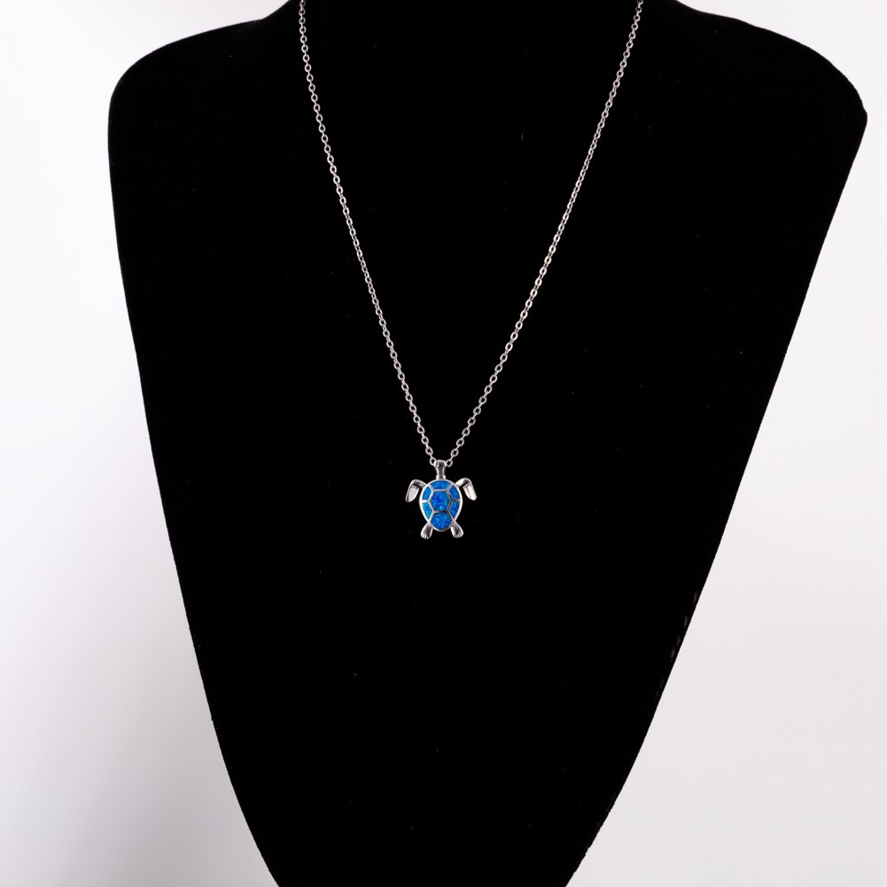Green Sea Turtle Ocean Blue Fire Opal Silver Jewelry Necklace Pendant