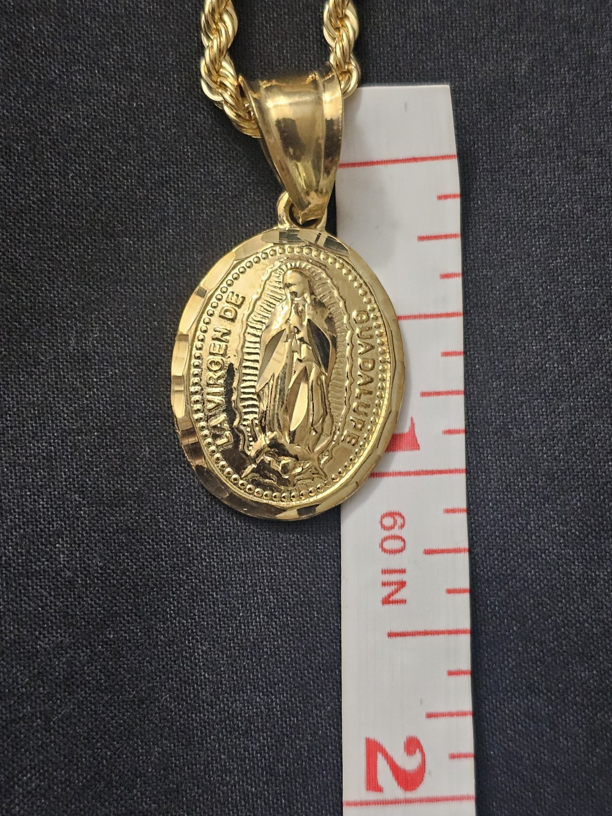 20inch 14k Gold-Plated brass. 2.9mm Rope Chain w/round lady Guadalupe charm