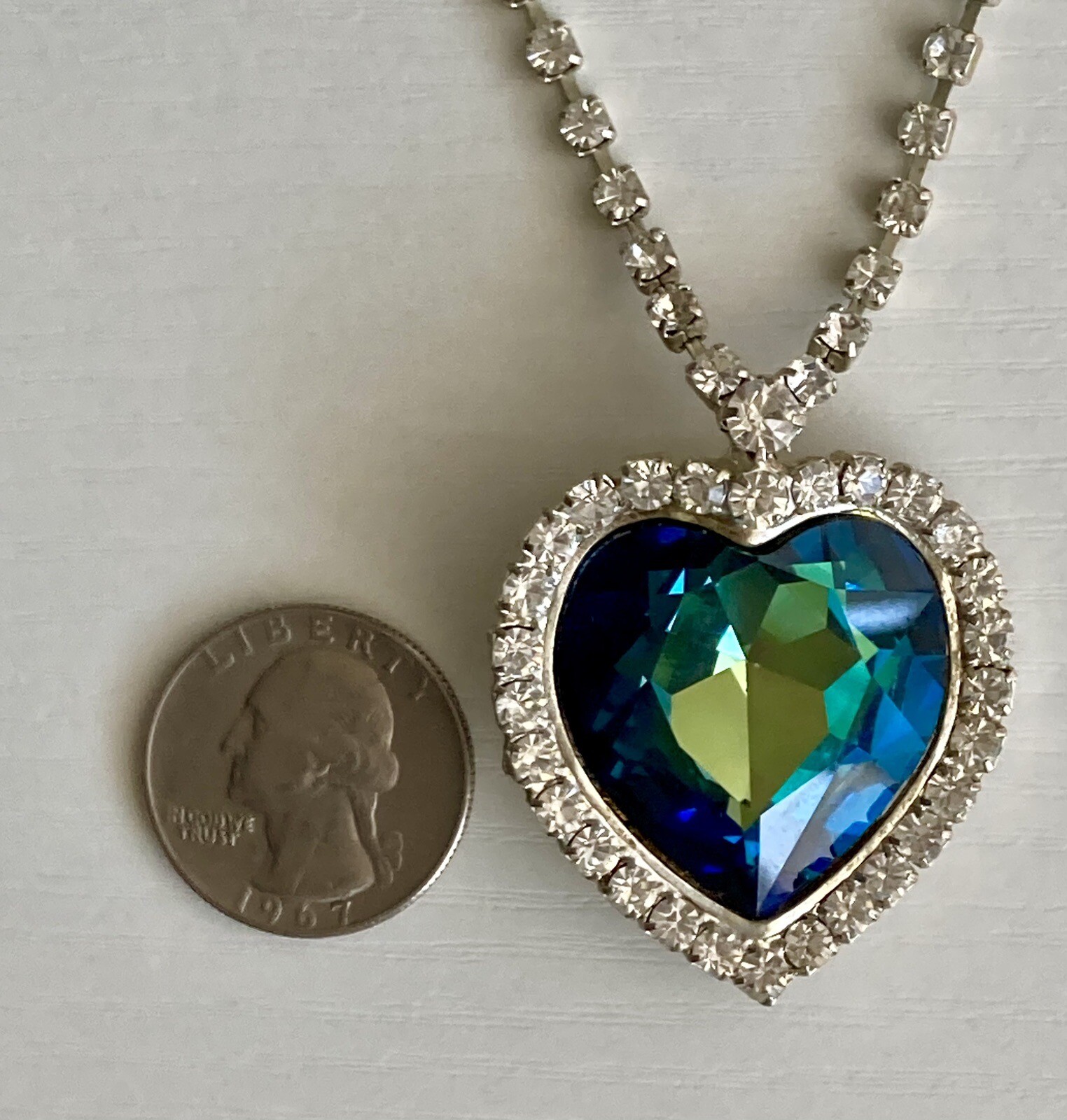 Blue Crystal Large Heart Silver Tone Pendant 16” Ladies Necklace 30g Titanic