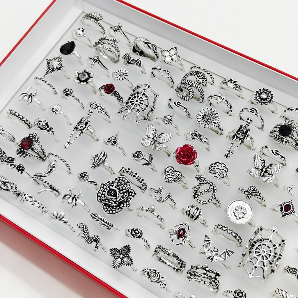 Wholesale 50pcs Mix Punk Gothic Vintage Rings Alloy Plated Silver Skull Ring Lot