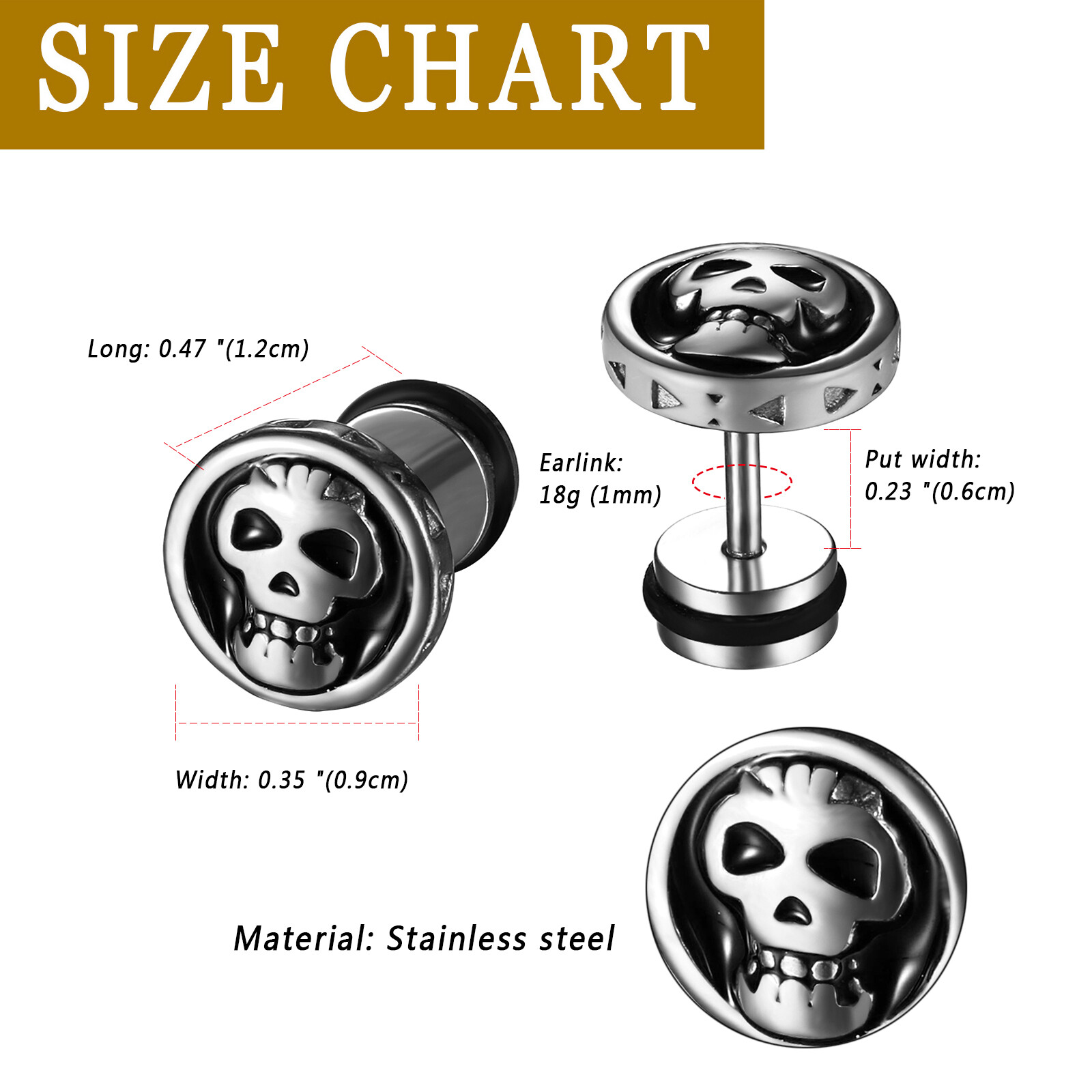 Gothic Punk Skull Stud Earrings For Men Women Stainless Steel Screw Back