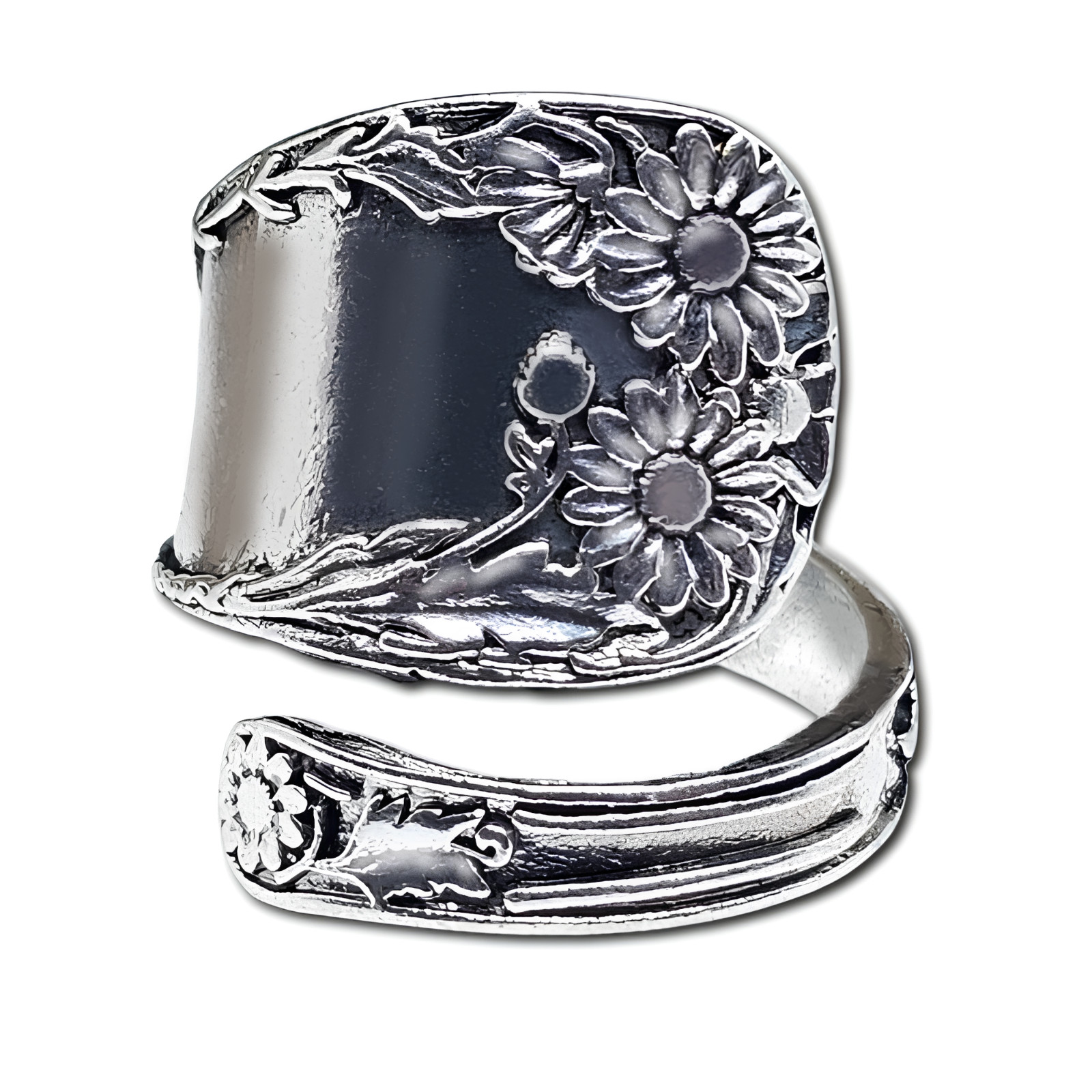 Daisy Flower Ring Spoon Wrap Round Adjustable s925 Silver Ring Metal Jewellery