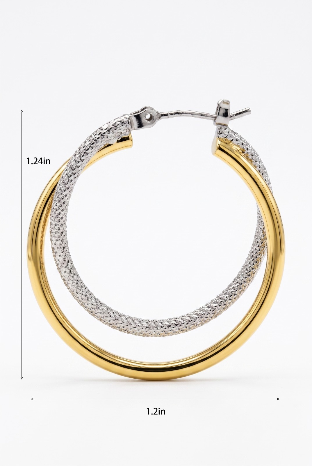18K Gold Plated Brass Irregular Textured Open C Hoop Stud Earrings 1.15 Inch