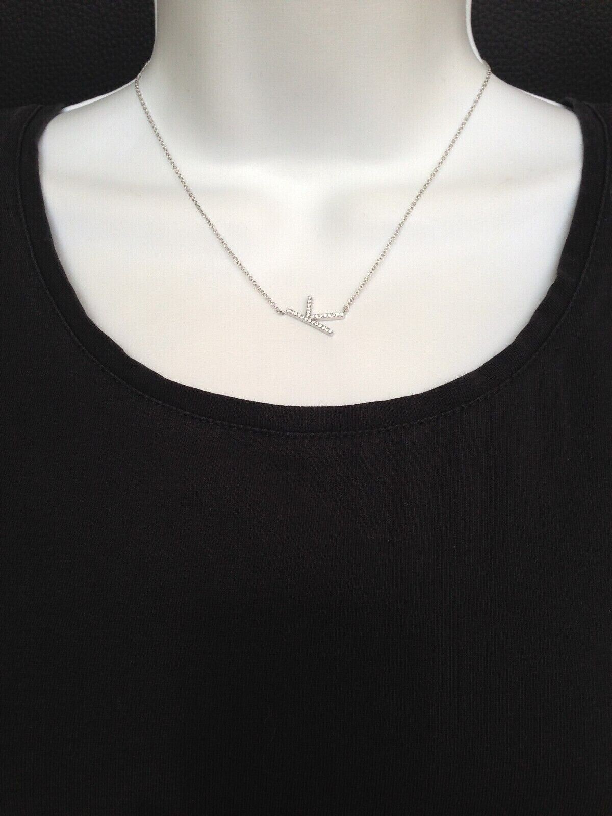 925 Sterling Silver CZ Sideways Initial Letter K Pendant Necklace Women 16mm