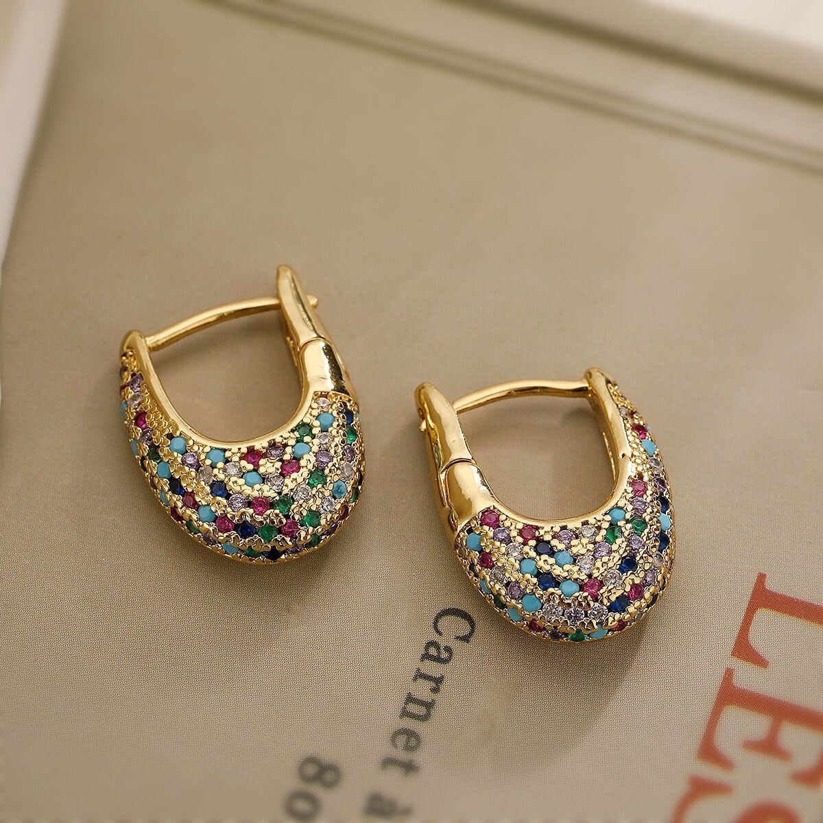 Womens 18K Gold Plated Multicolor CZ U Shape Hoop Huggie Earrings Anti-tarnish