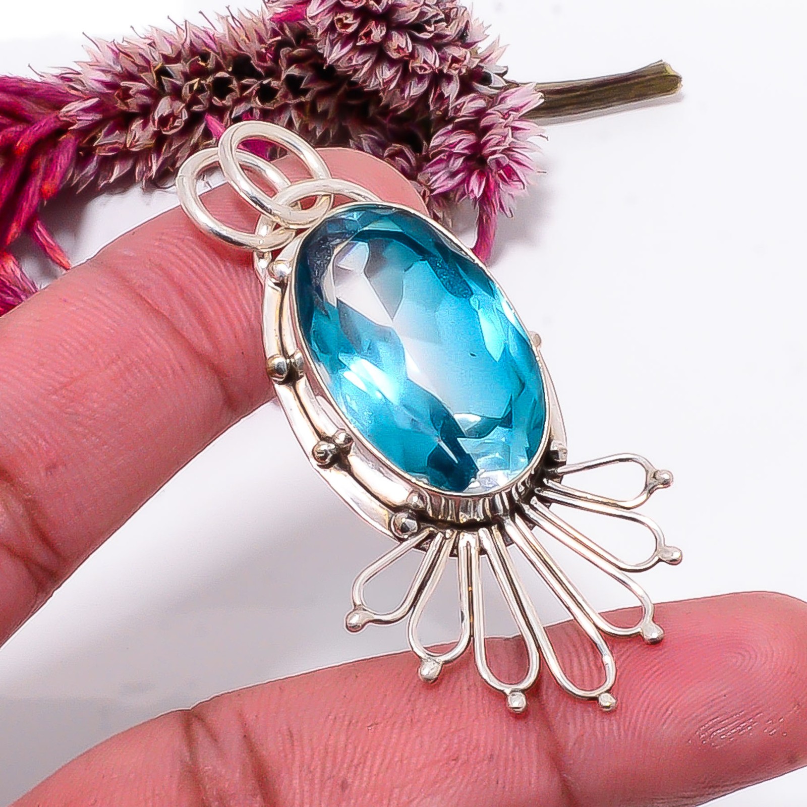 Bi-Colour Blue Topaz Designer Handmade 925 Sterling Silver Pendant 2.34″ Sku1