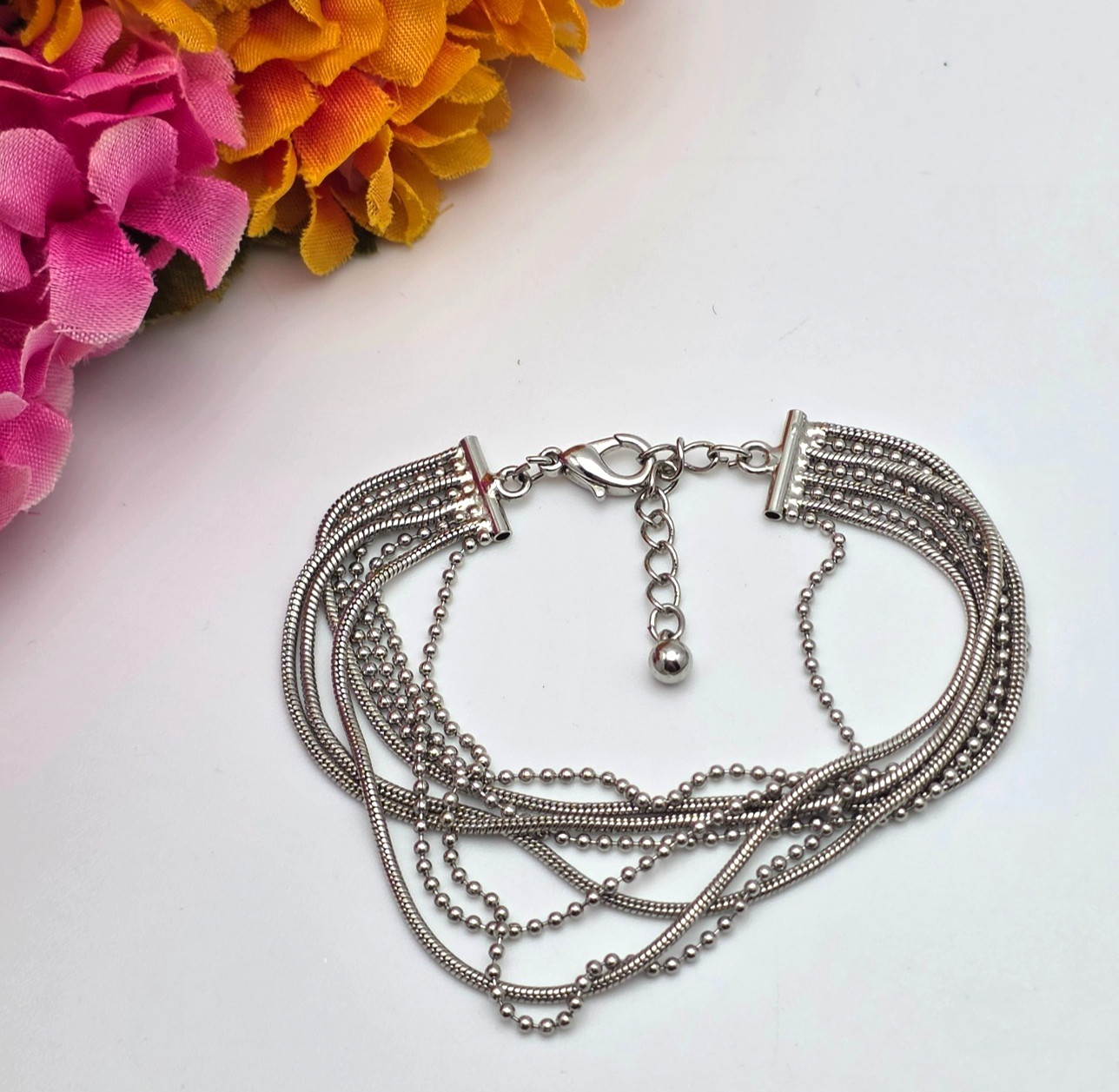 Silver Tone Multi Chain Bracelet 6.5-7.5 In Adjustable Layered 12mm Wide