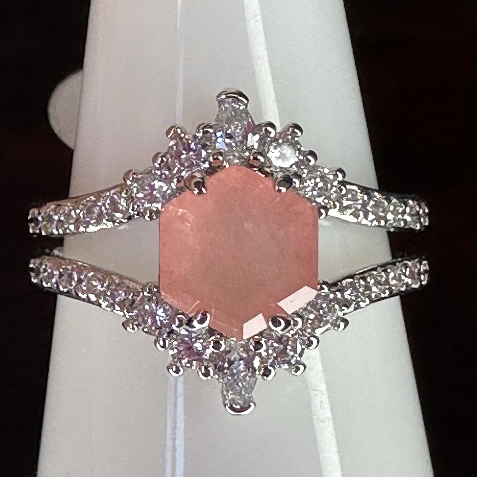 Bomb Party Ring- 5677-Treated Genuine Quartz/Lab Calcite- Size 7- Rhodium Plated