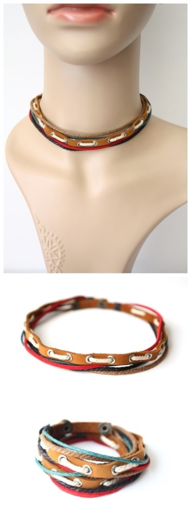 NEW Leather Hemp 2-in-1 Choker Necklace Bracelet Wristband Wrap Cuff Surfer 15″