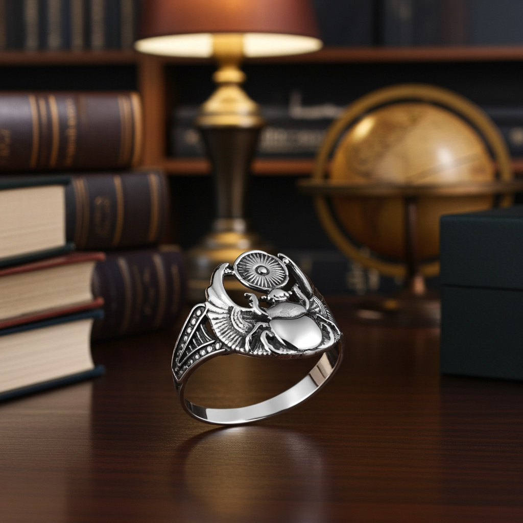Sterling Silver Oxidized Scarab Beetle Ring Ancient Egyptian Sun God Ra Talisman