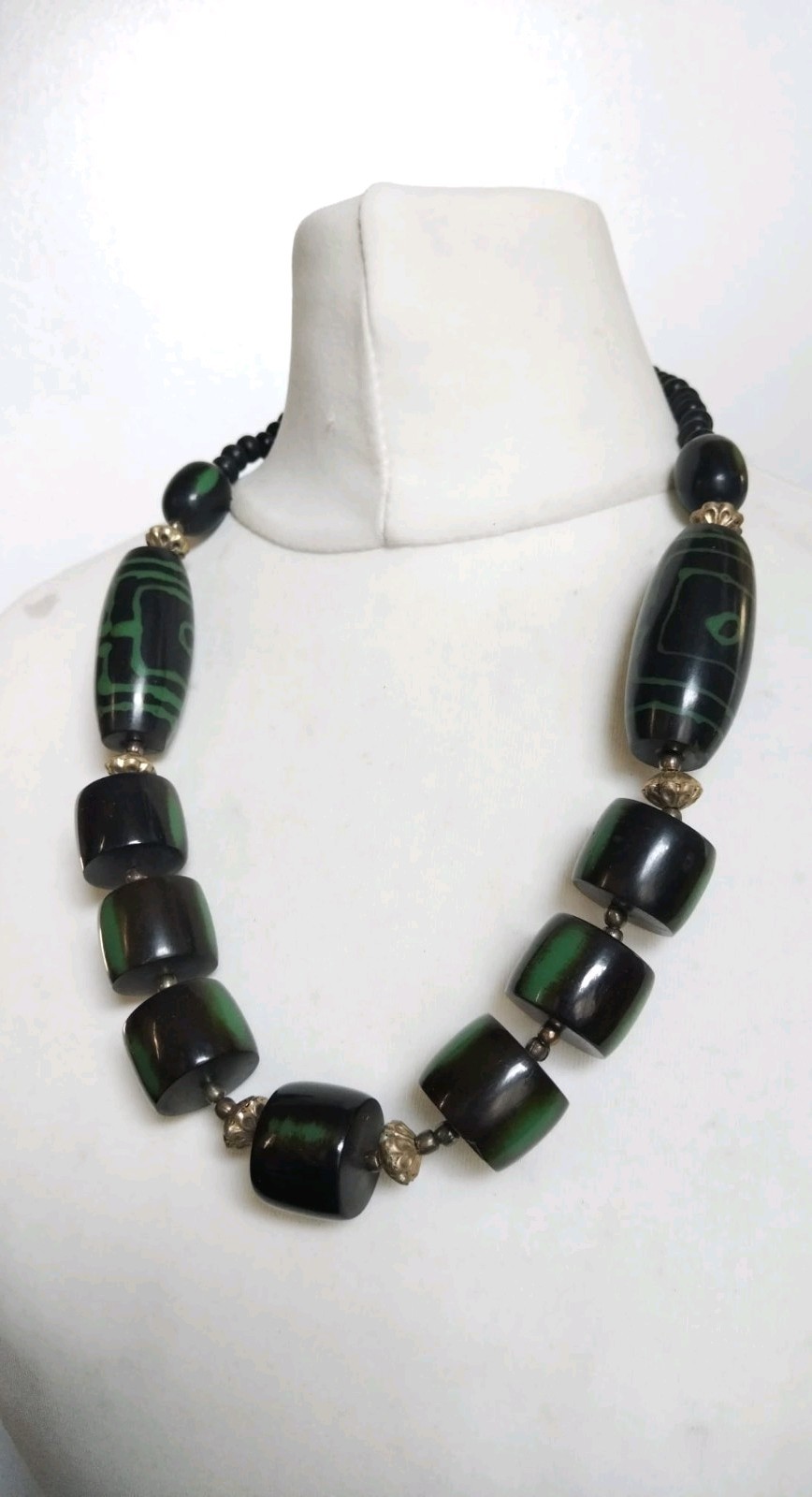 Vintage Chunky Black Green Resin, Metal Mixed Shapes Beaded Statement Necklace