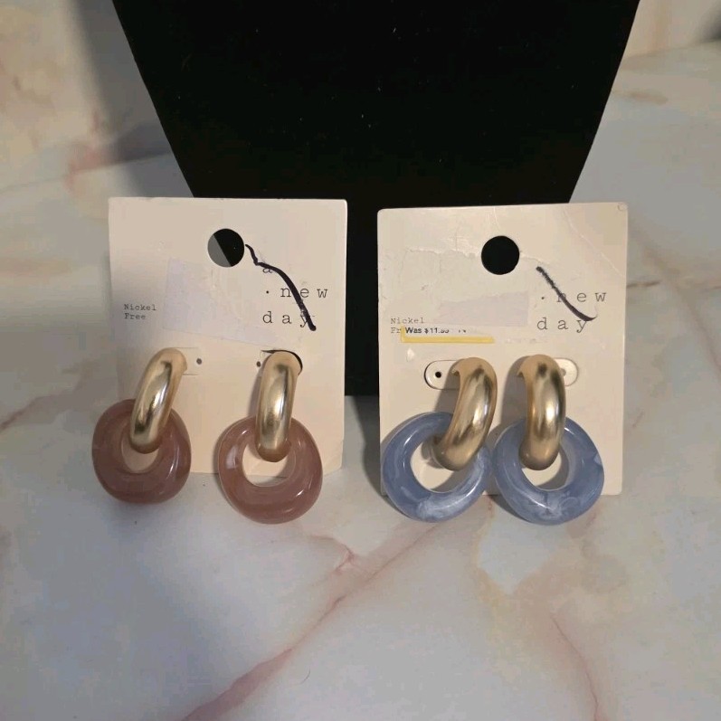 A New Day Lot of 2 Resin Round Hoop Dangle Earrings Post Nickel-Free