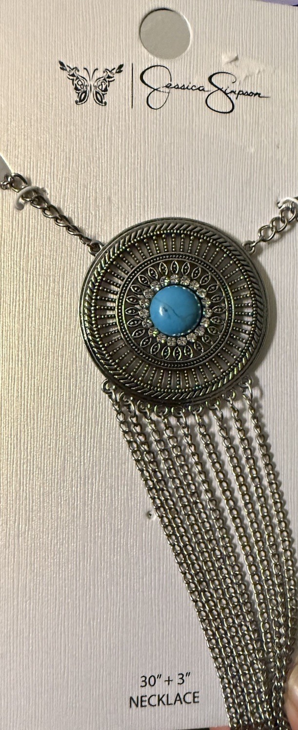 Jessica Simpson Silver Tone Turquoise Medallion Fringe Crystal Necklace 30″