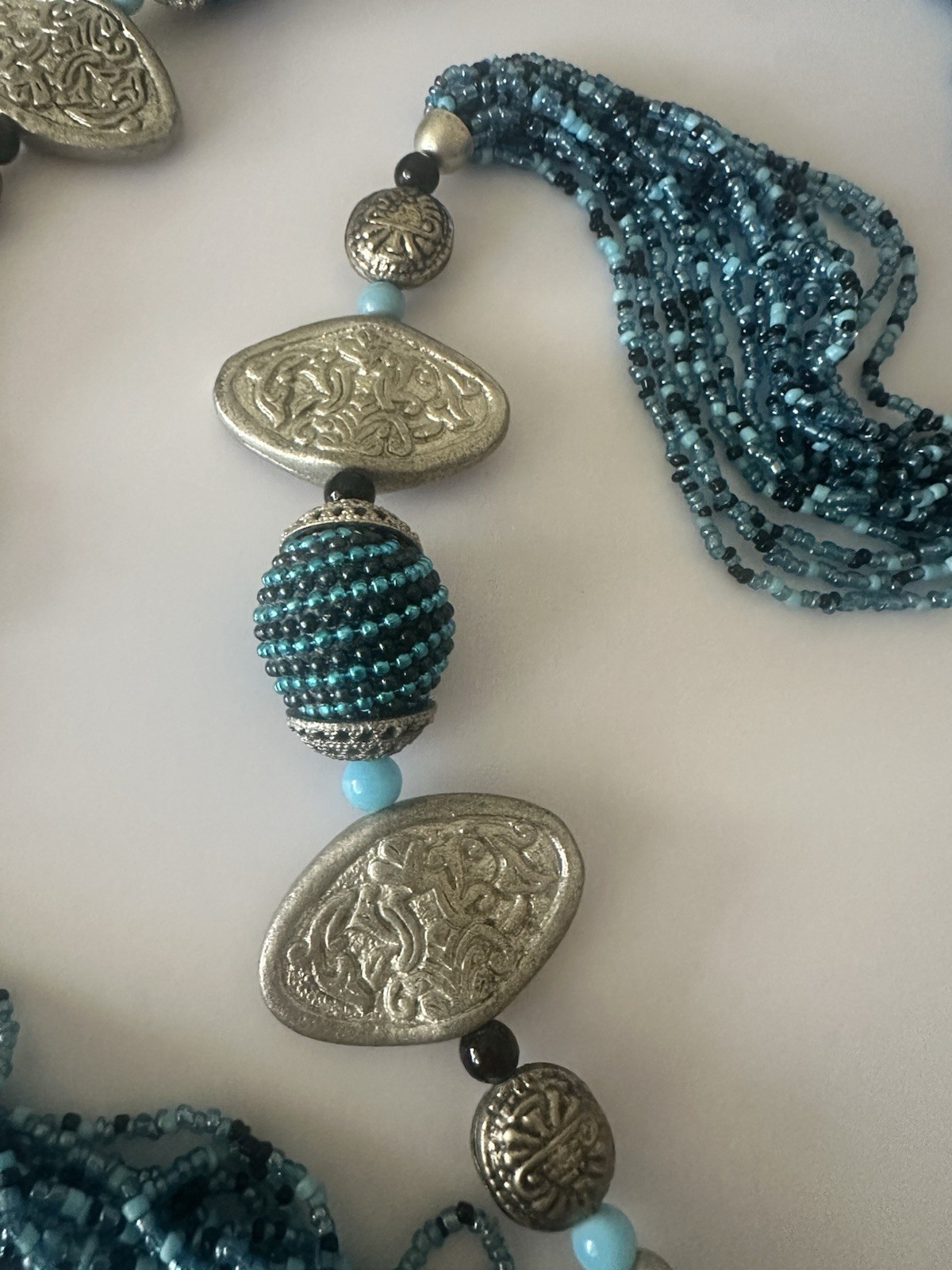 Multi Strand Blue Seed Bead 36 In Statement Necklace Silver Tone Artisan Boho