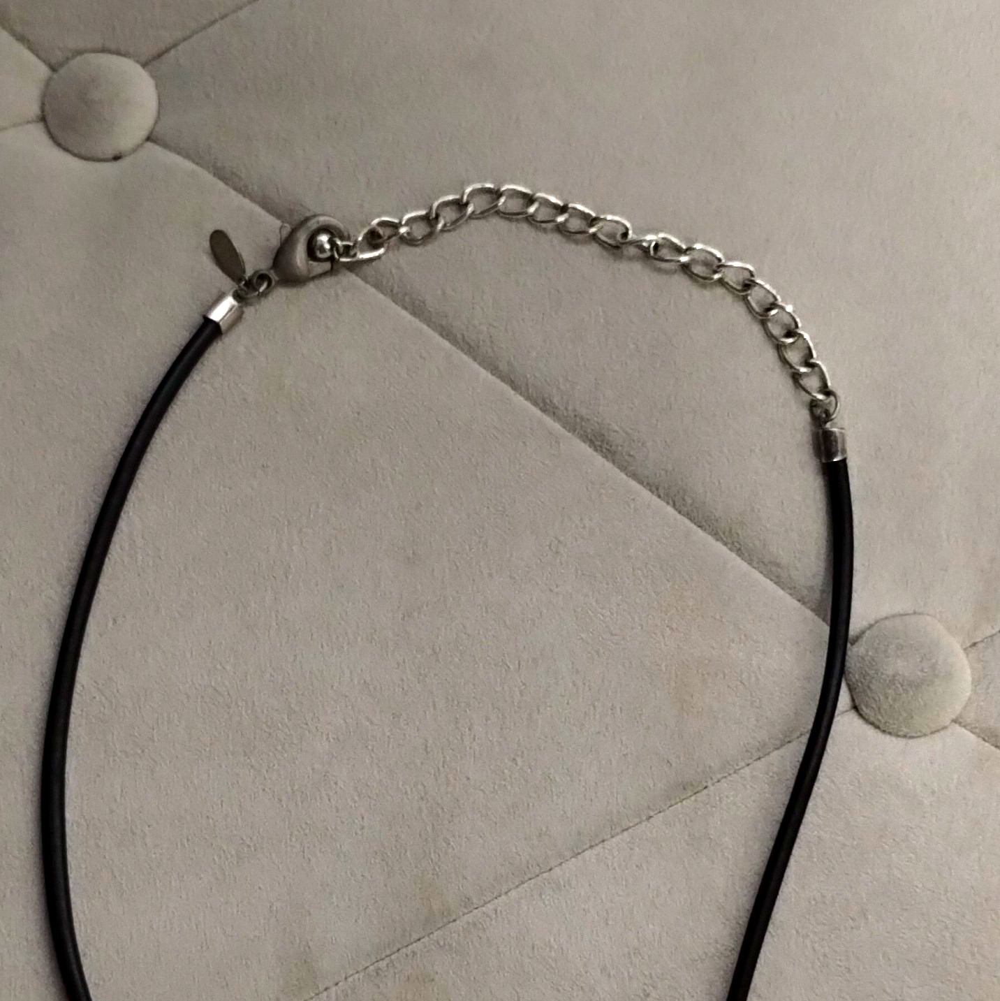 1980’s Chico’s Black Rubber Cord Necklace Silver Tone Pendant Lobster Clasp