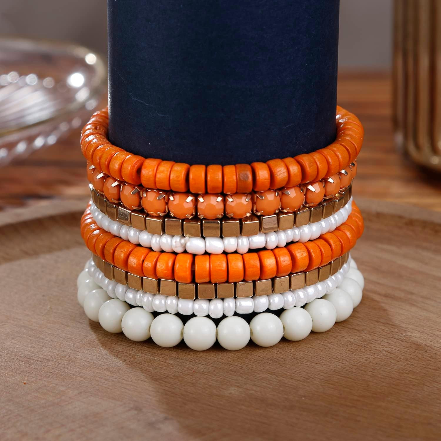 Bohemian Beads Cube Multi Strand Stretch Stackable Bangle Bracelet Set (Bl003172