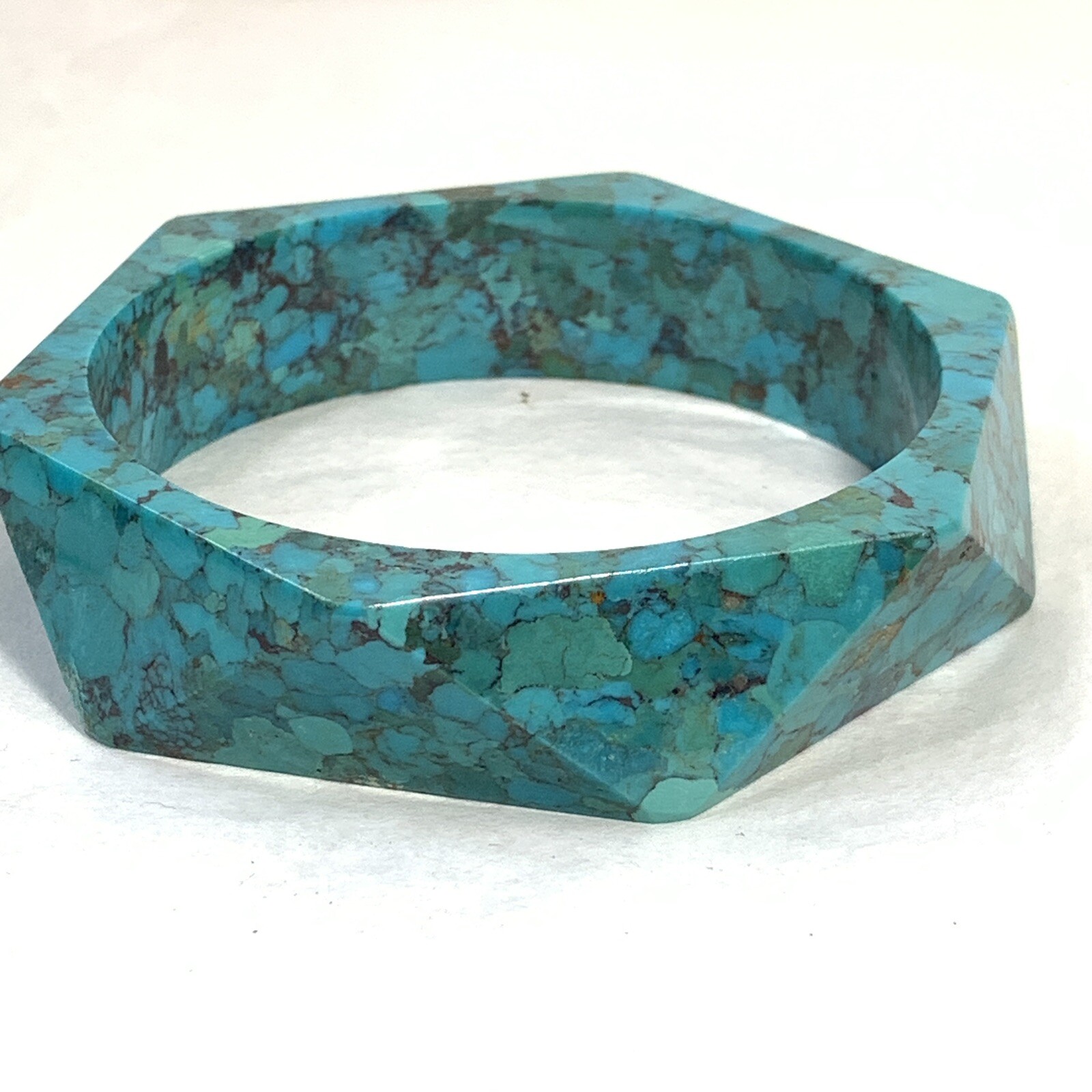 Carved Composite Stone Turquoise Bangle Bracelet Faceted Green Blue 8″