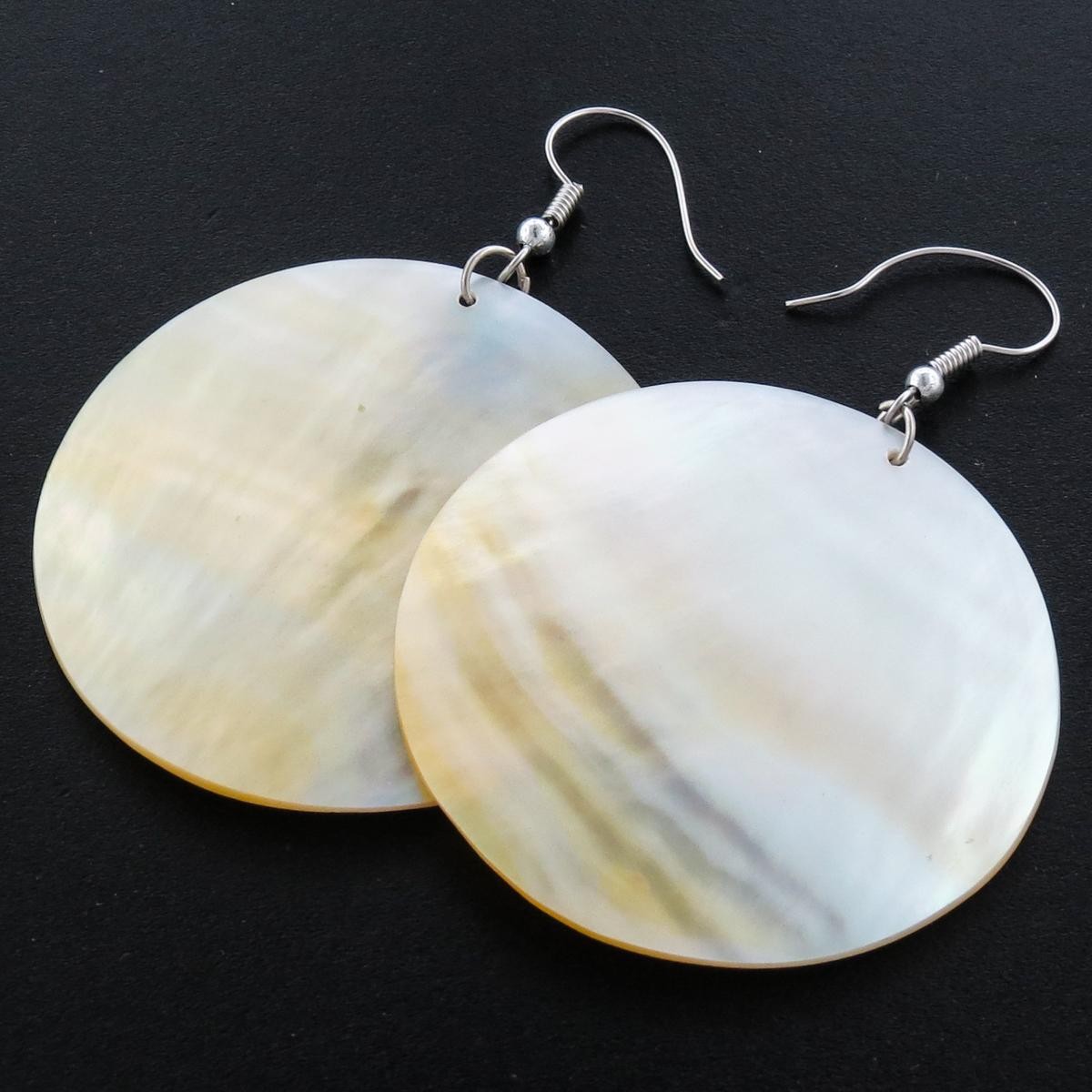 True Oyster White Gold-tone iridescent Mother Of Pearl Shell Earrings, 1 7/8″