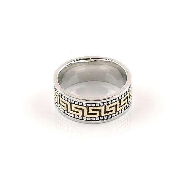 Stainless Steel Band Ring With Greek Gold IP Accents – Free Gift Packaging