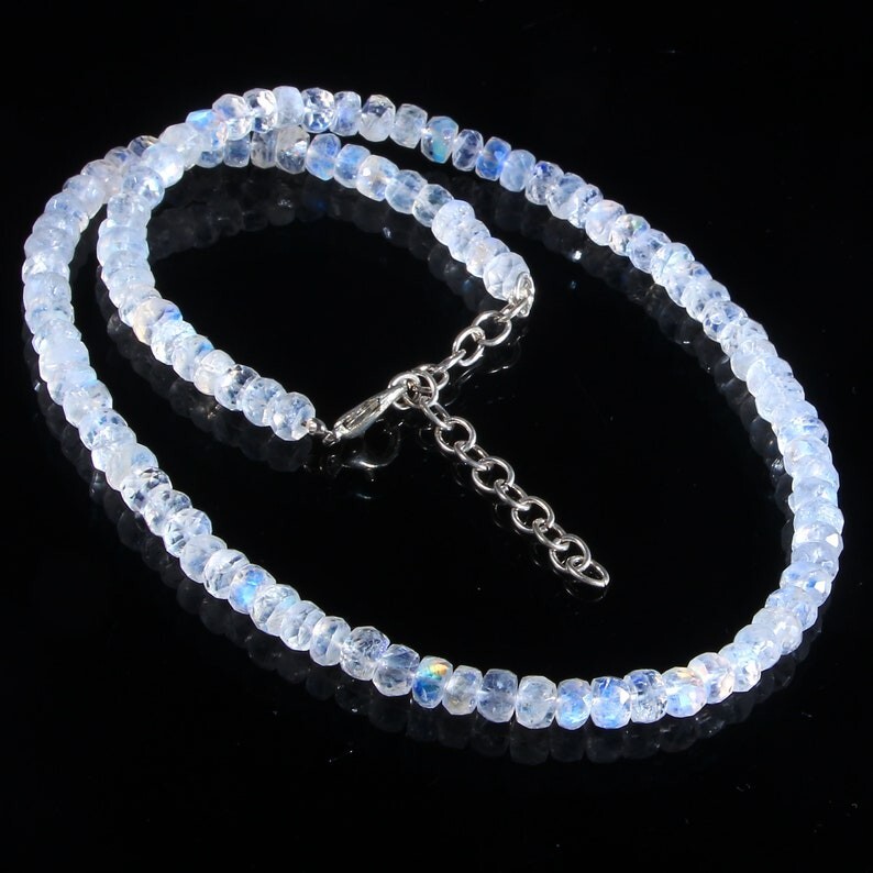 AAA++ Nature Rainbow Moonstone Faceted Rondelle Gemstone Beads Necklaces 18”