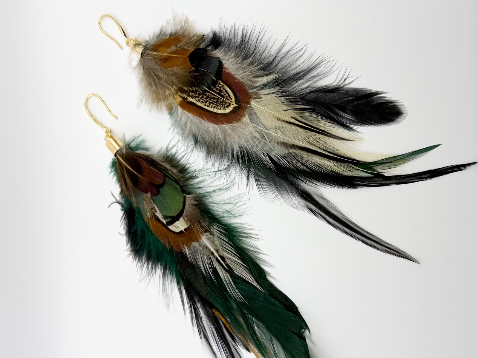 Boho Feather Statement Earrings Green Brown Gold Hook Dangle