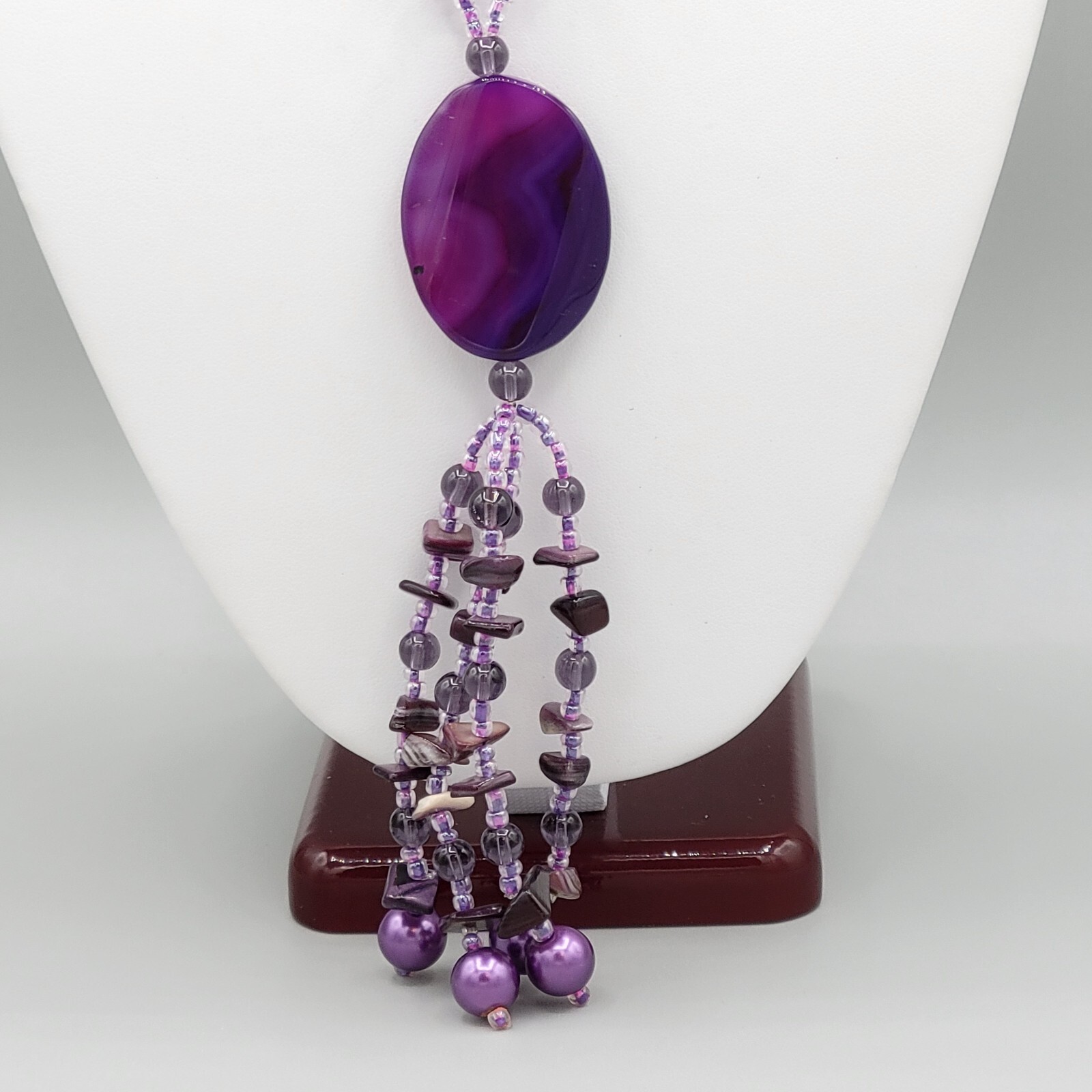 Womens Purple Dyed Agate Gemstone Mixed Shapes Y Drop Beaded Necklace 26 in