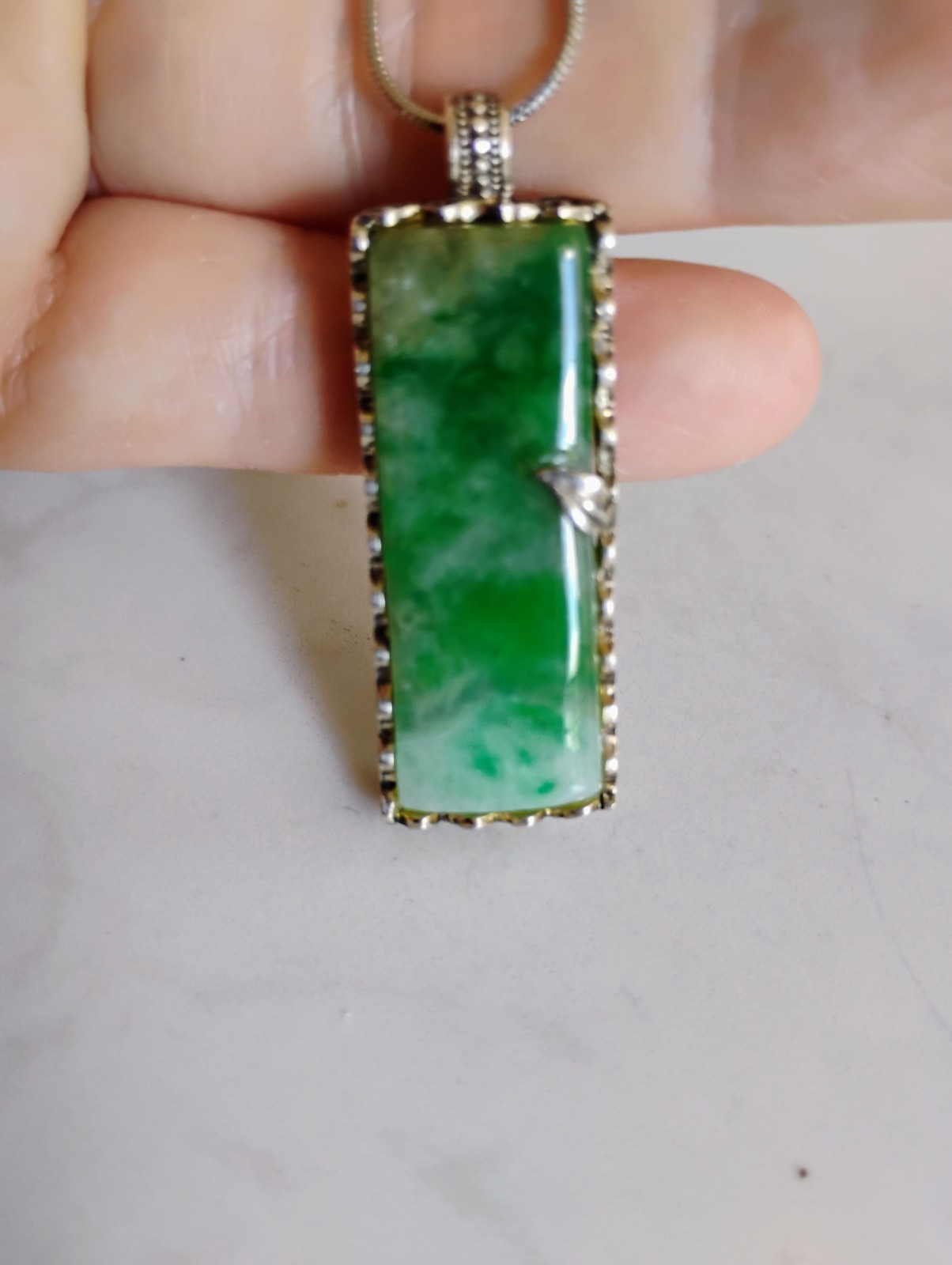 vintage look Sterling silver bail green Jade jadeite pendant necklace