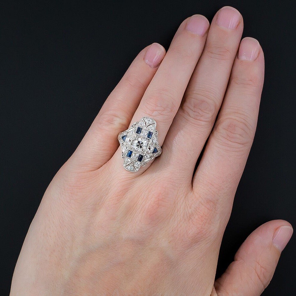 925 Sterling Silver Blue Rhinestone White Topaz Engagement Wedding Ring Size 9